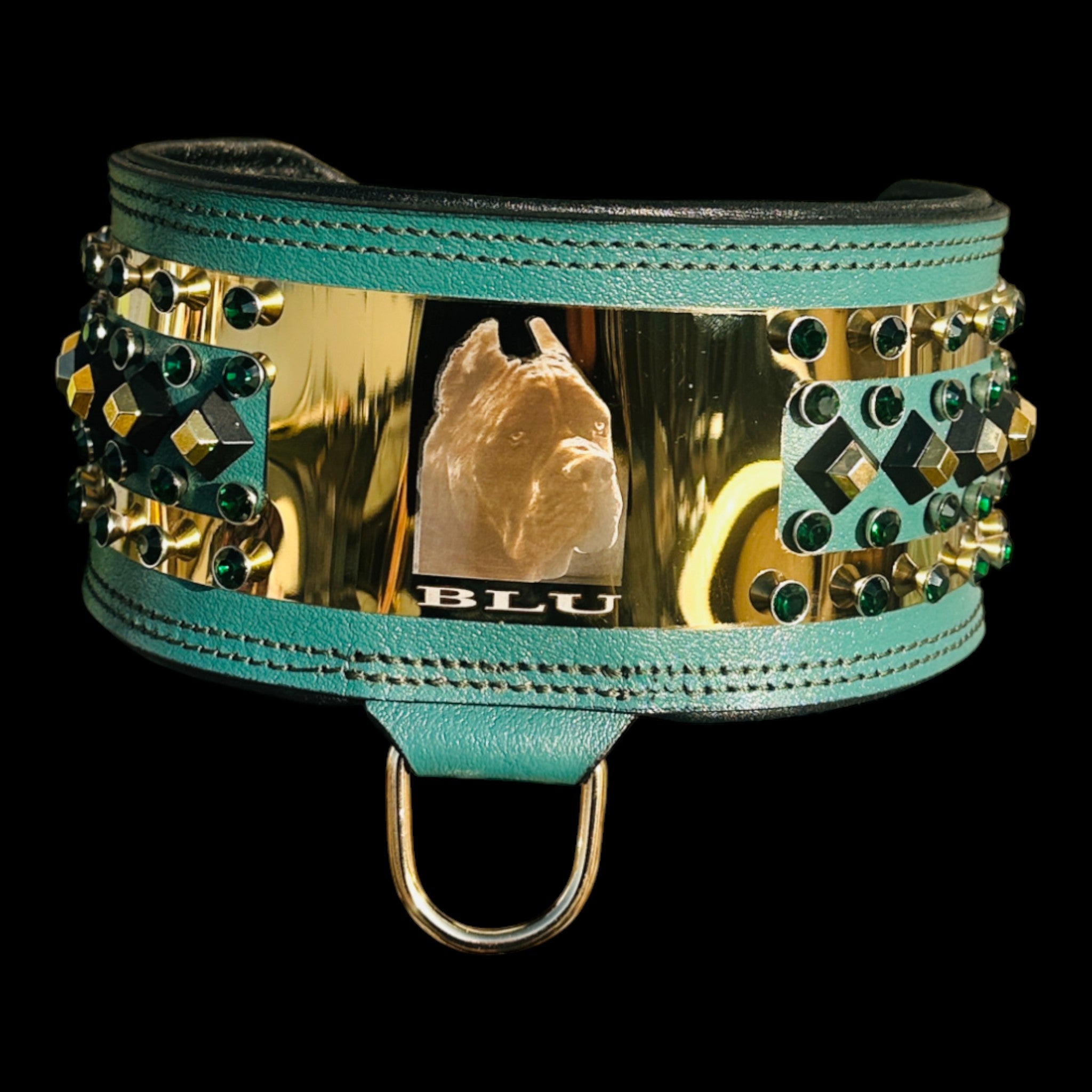Handmade turquoise and gold leather dog collar