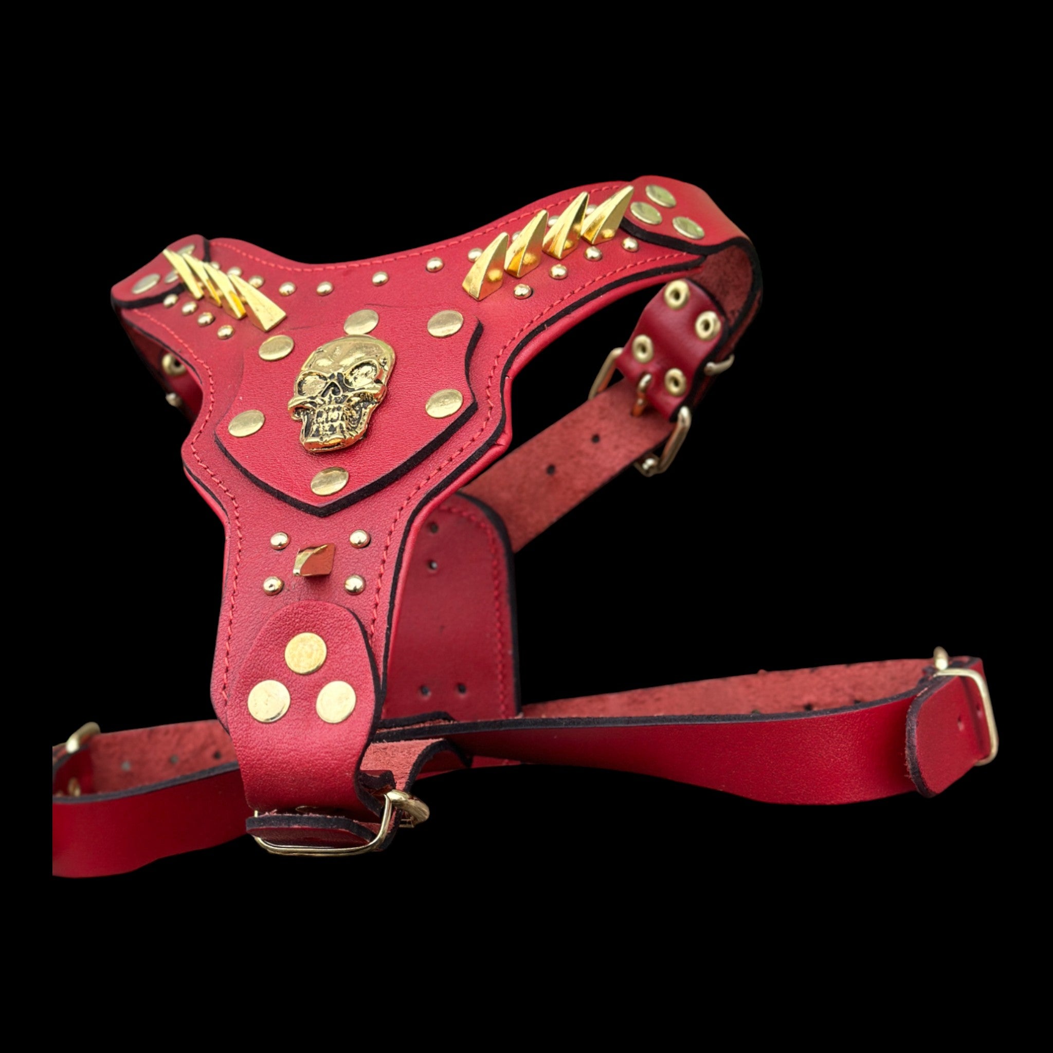 InfernoSkull™ Royale – Red Buffalo Leather Dog Harness with Gold Skull Emblem