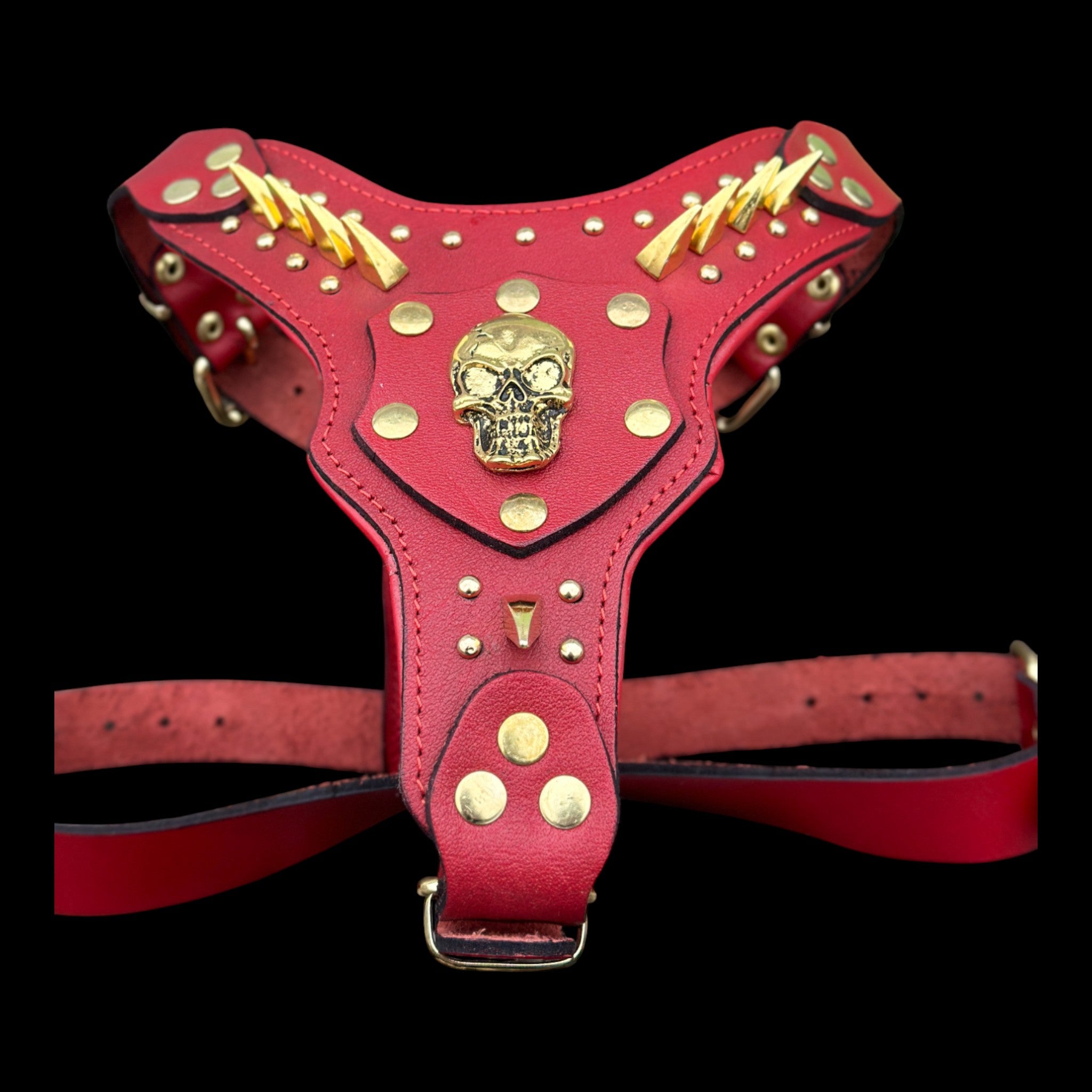 InfernoSkull™ Royale – Red Buffalo Leather Dog Harness with Gold Skull Emblem