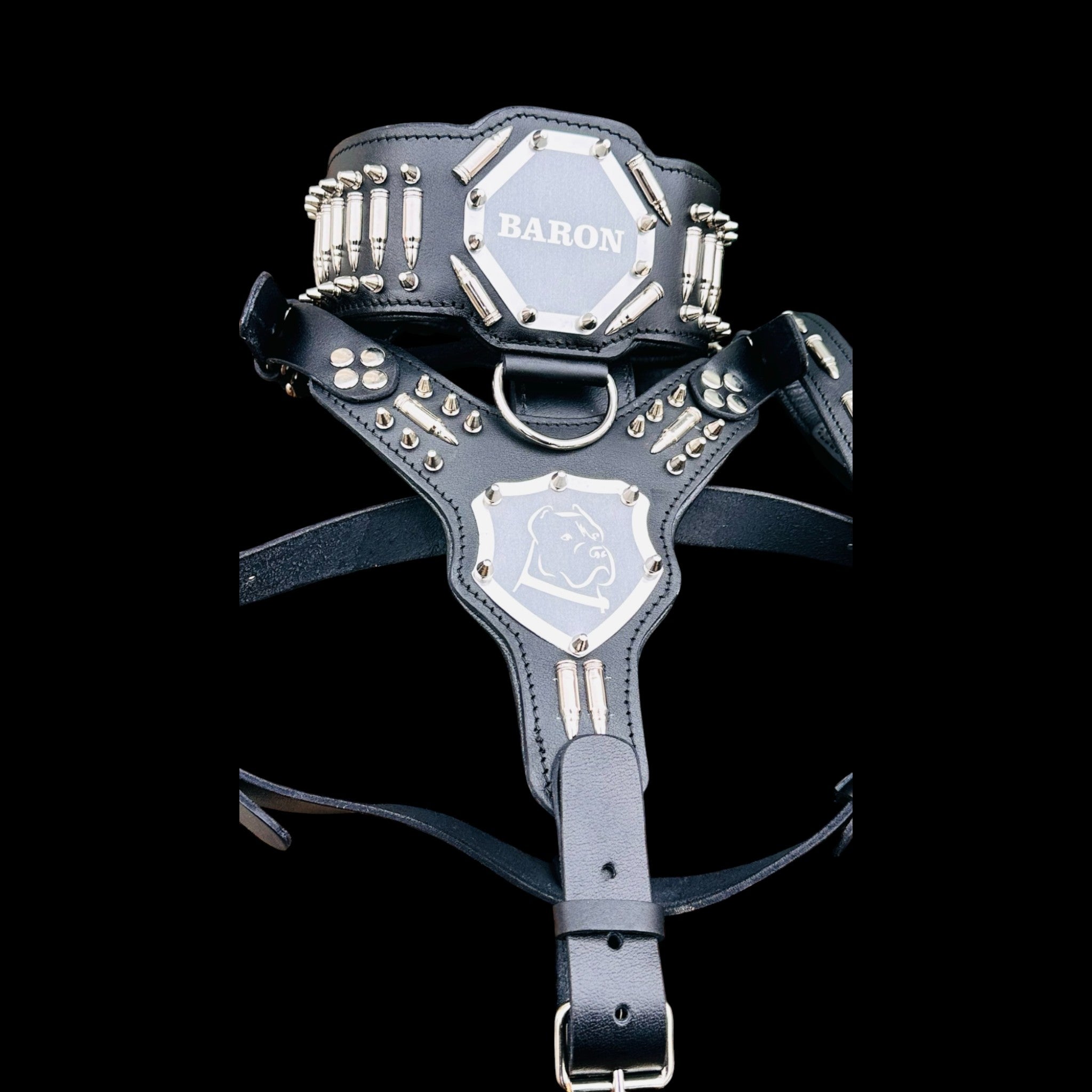 Custom Name Dog Harness Set – Handmade Black Leather Spiked Collar, Harness & Leash