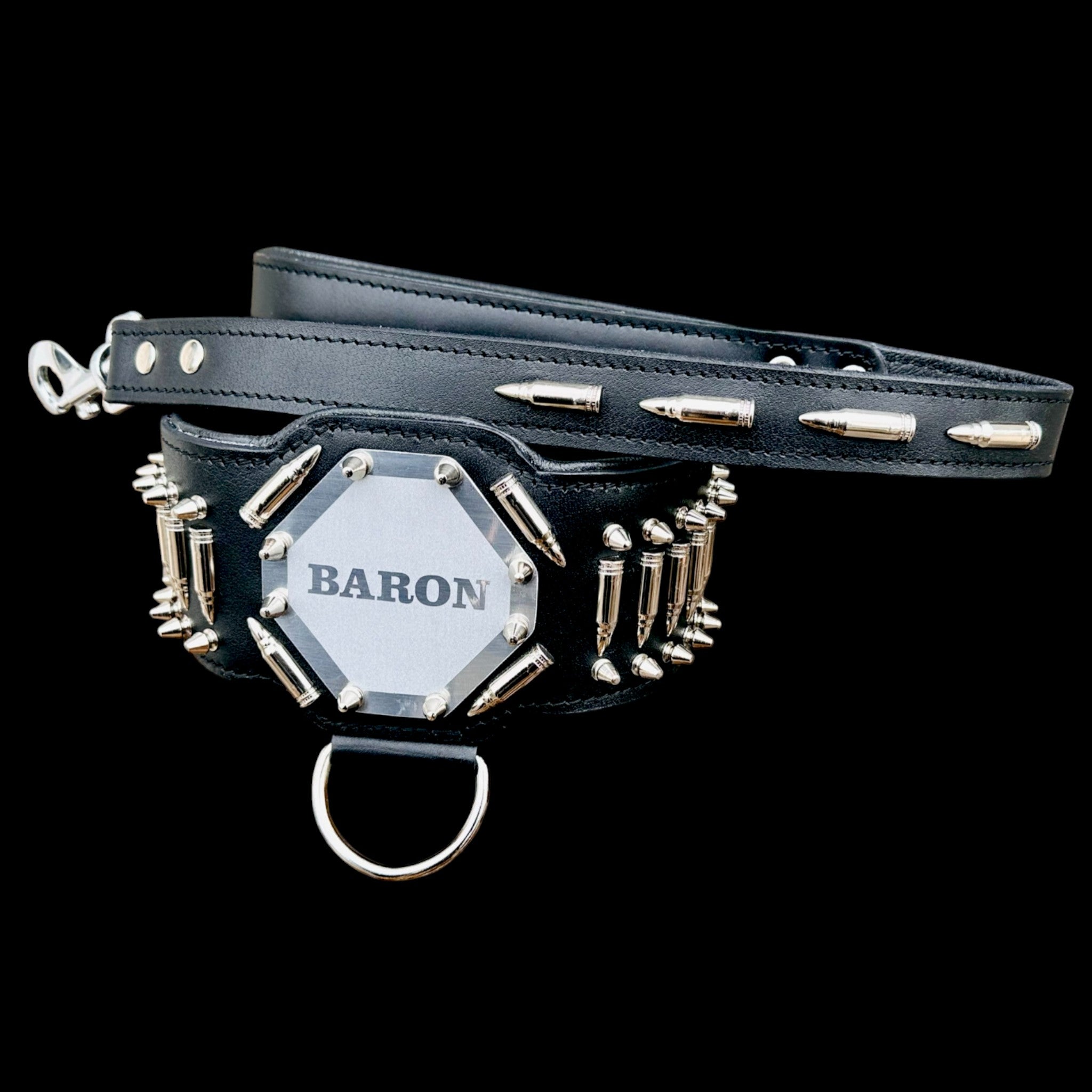 Custom Name Dog Harness Set – Handmade Black Leather Spiked Collar, Harness & Leash