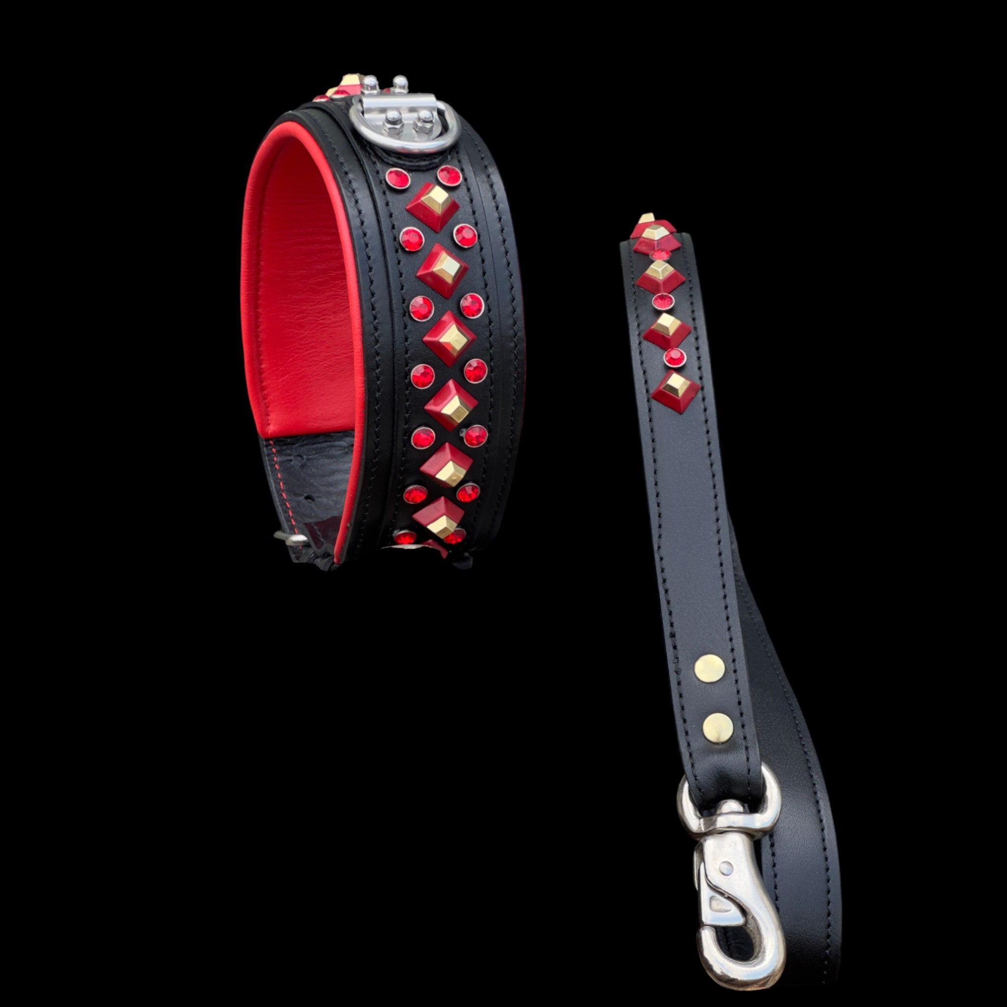 Handmade Black Leather Dog Collar & Leash Set with Red Crystal Stones – Luxury Wide Design