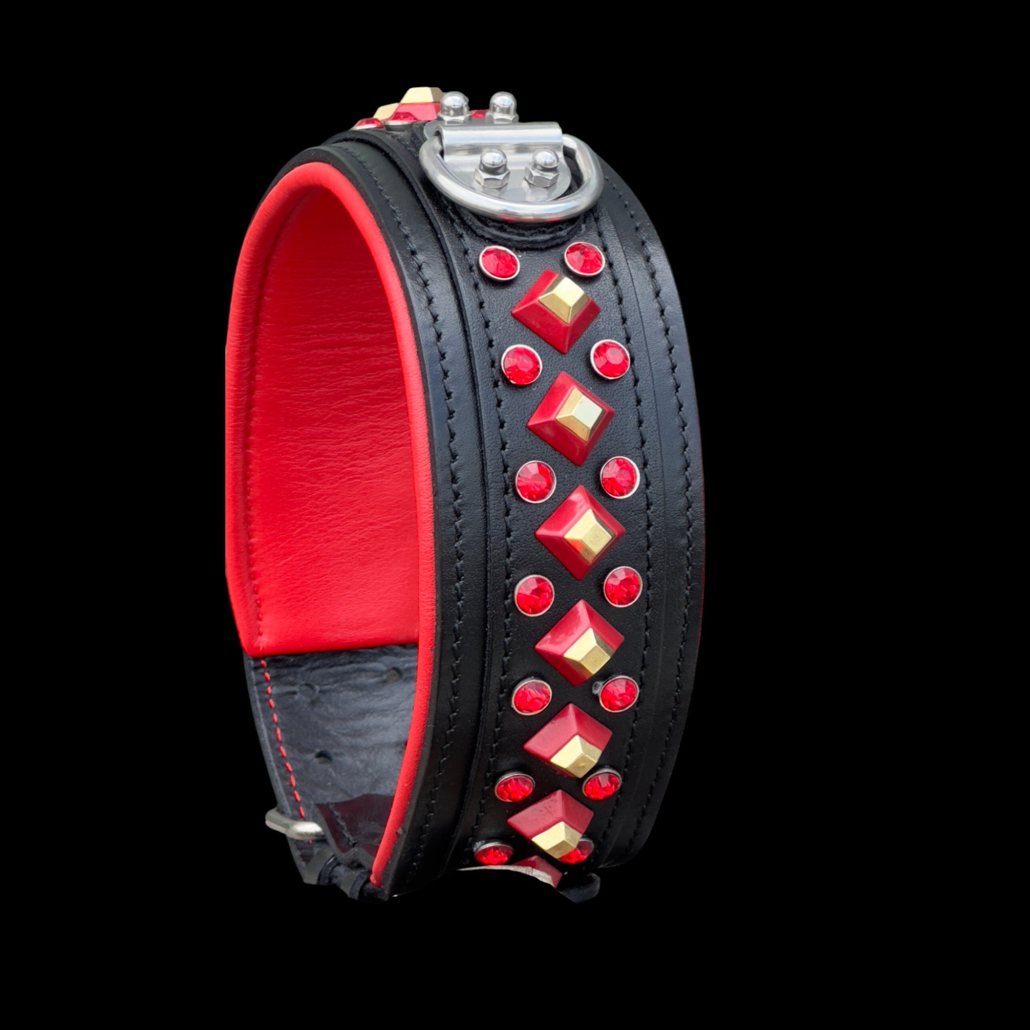 Handmade Black Leather Dog Collar & Leash Set with Red Crystal Stones – Luxury Wide Design