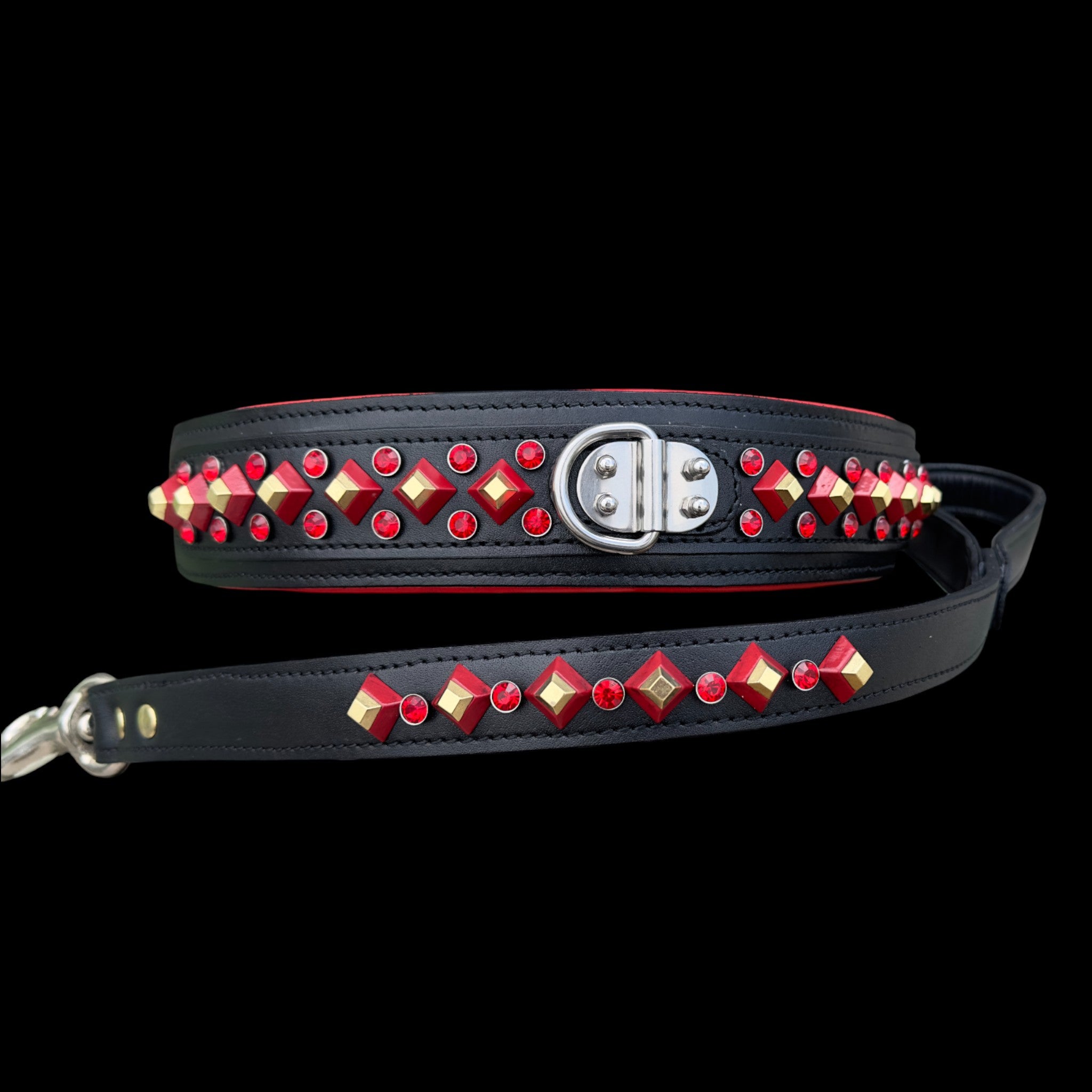 Handmade Black Leather Dog Collar & Leash Set with Red Crystal Stones – Luxury Wide Design