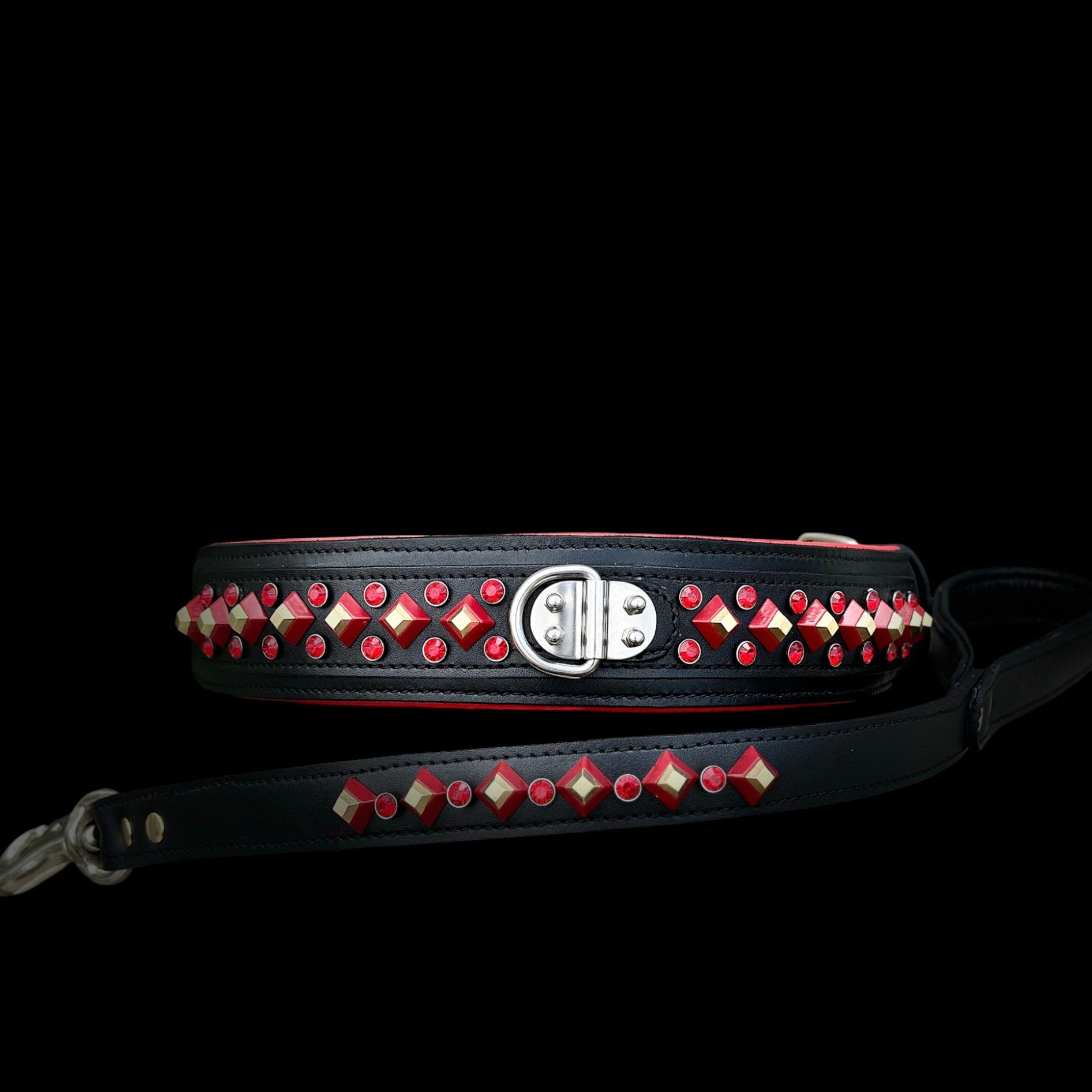 Handmade Black Leather Dog Collar & Leash Set with Red Crystal Stones – Luxury Wide Design