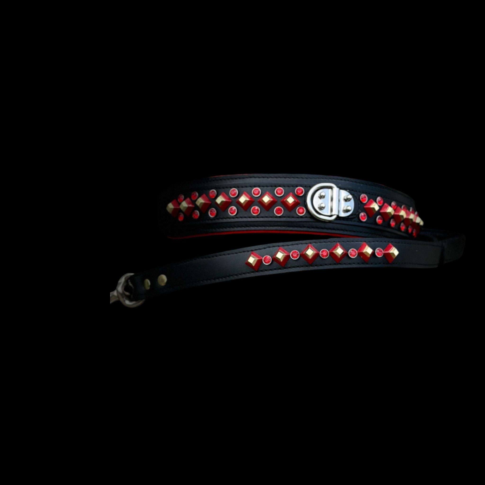 Handmade Black Leather Dog Collar & Leash Set with Red Crystal Stones – Luxury Wide Design