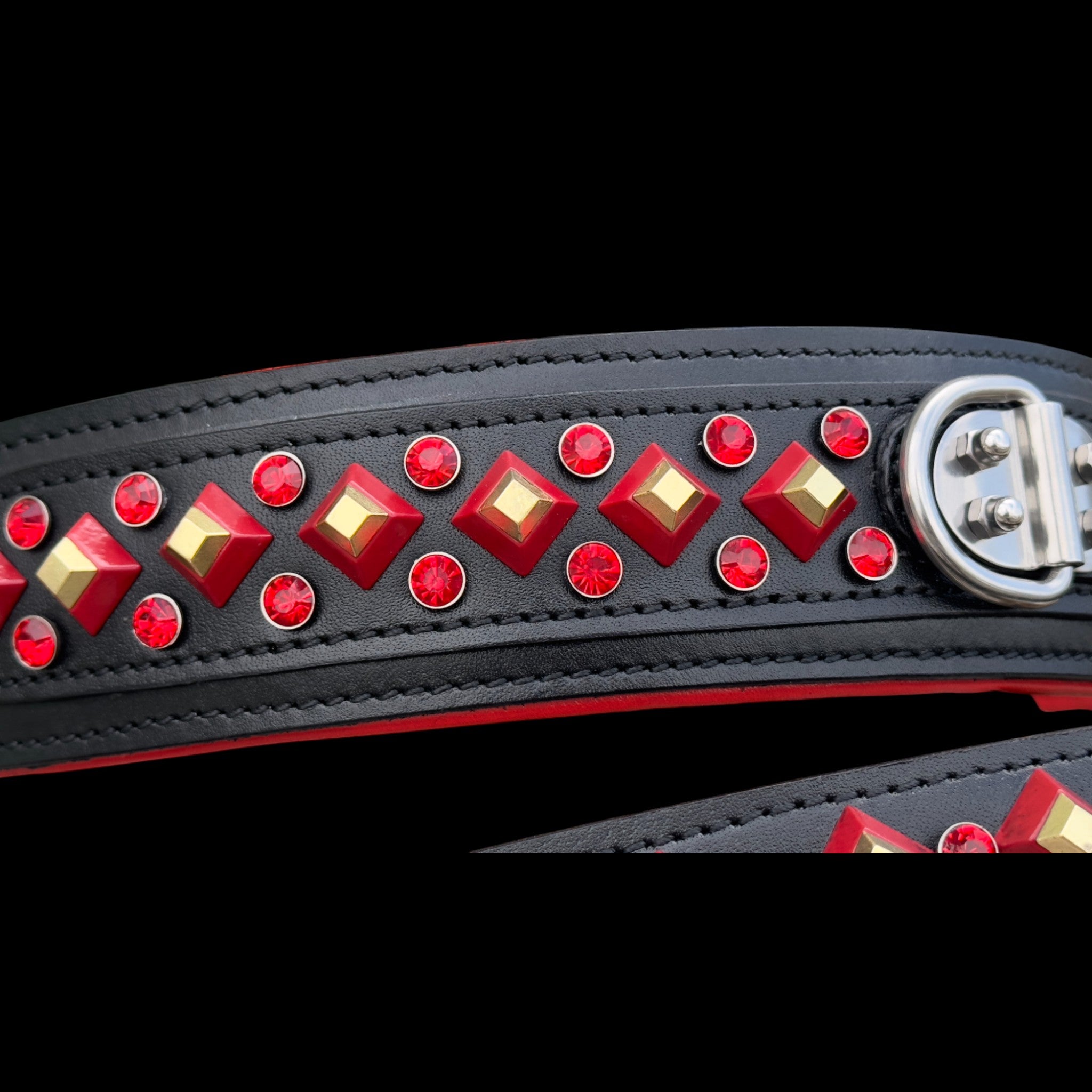 Handmade Black Leather Dog Collar & Leash Set with Red Crystal Stones – Luxury Wide Design
