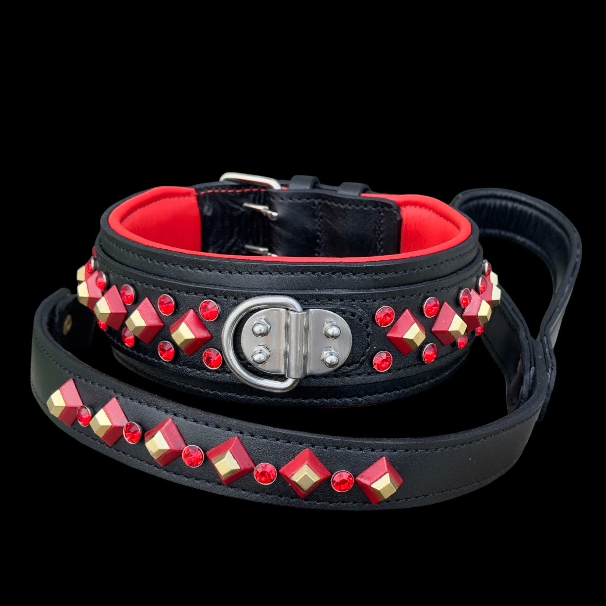 Handmade Black Leather Dog Collar & Leash Set with Red Crystal Stones – Luxury Wide Design