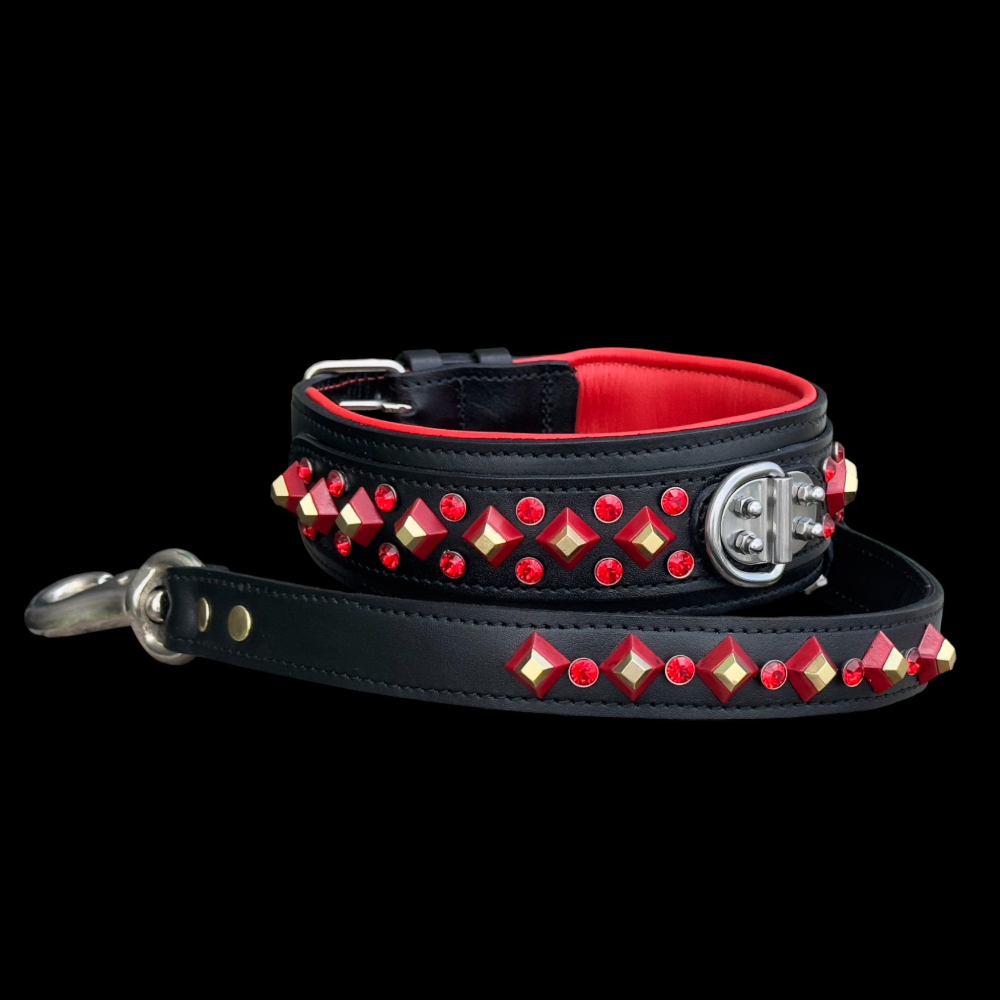 Handmade Black Leather Dog Collar & Leash Set with Red Crystal Stones – Luxury Wide Design