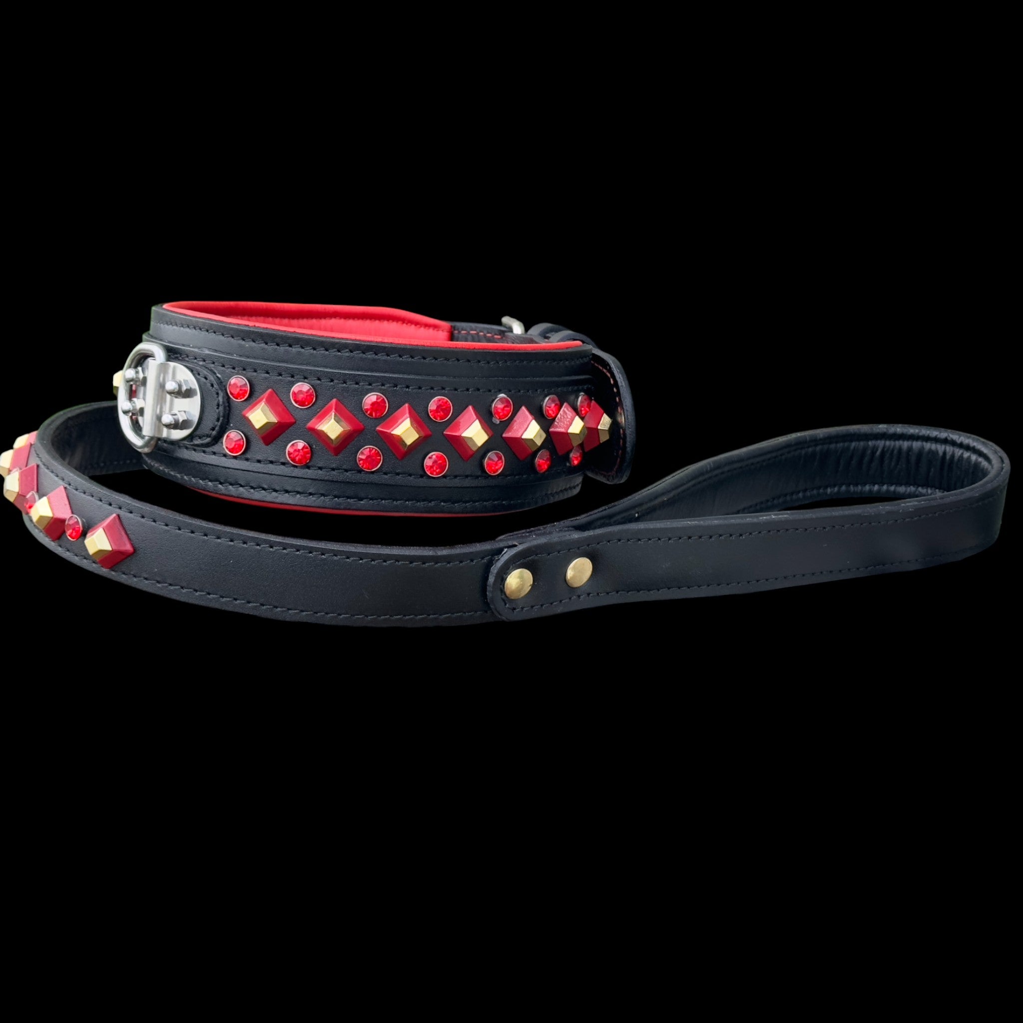 Handmade Black Leather Dog Collar & Leash Set with Red Crystal Stones – Luxury Wide Design