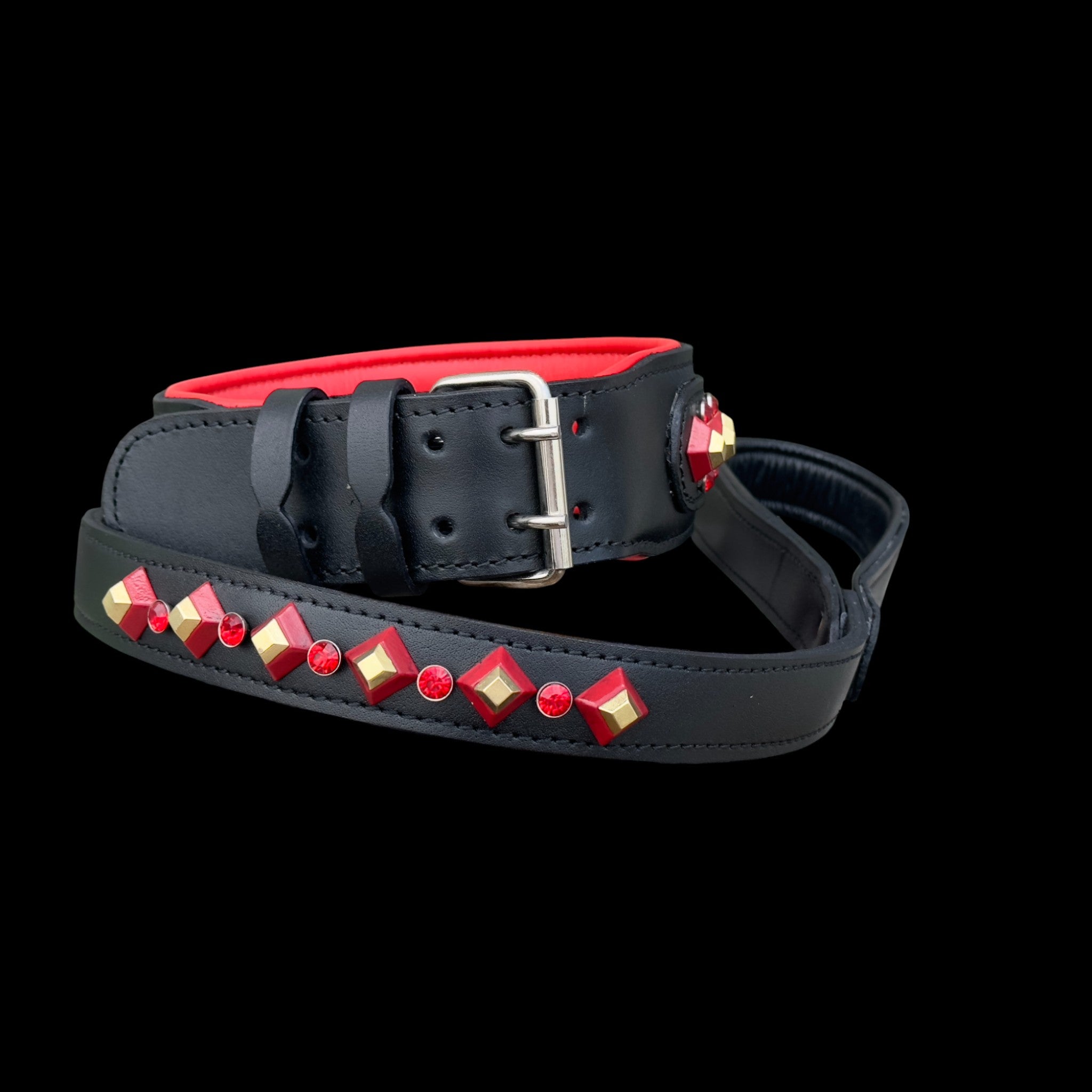 Handmade Black Leather Dog Collar & Leash Set with Red Crystal Stones – Luxury Wide Design