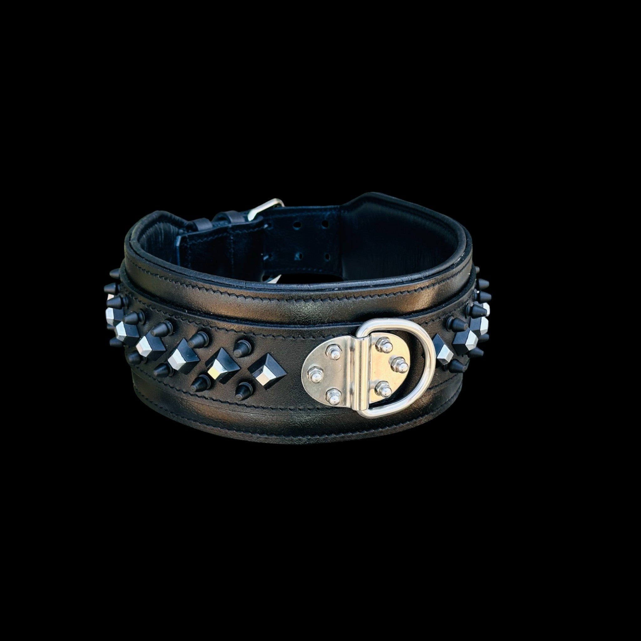 A&C Premium Black Leather Wide Collar — Stud & Crystal Detail | Fits American Bully, Cane Corso, Rottweiler, Kangal, Doberman, Belgian Malinois, K9, German Shepherd
