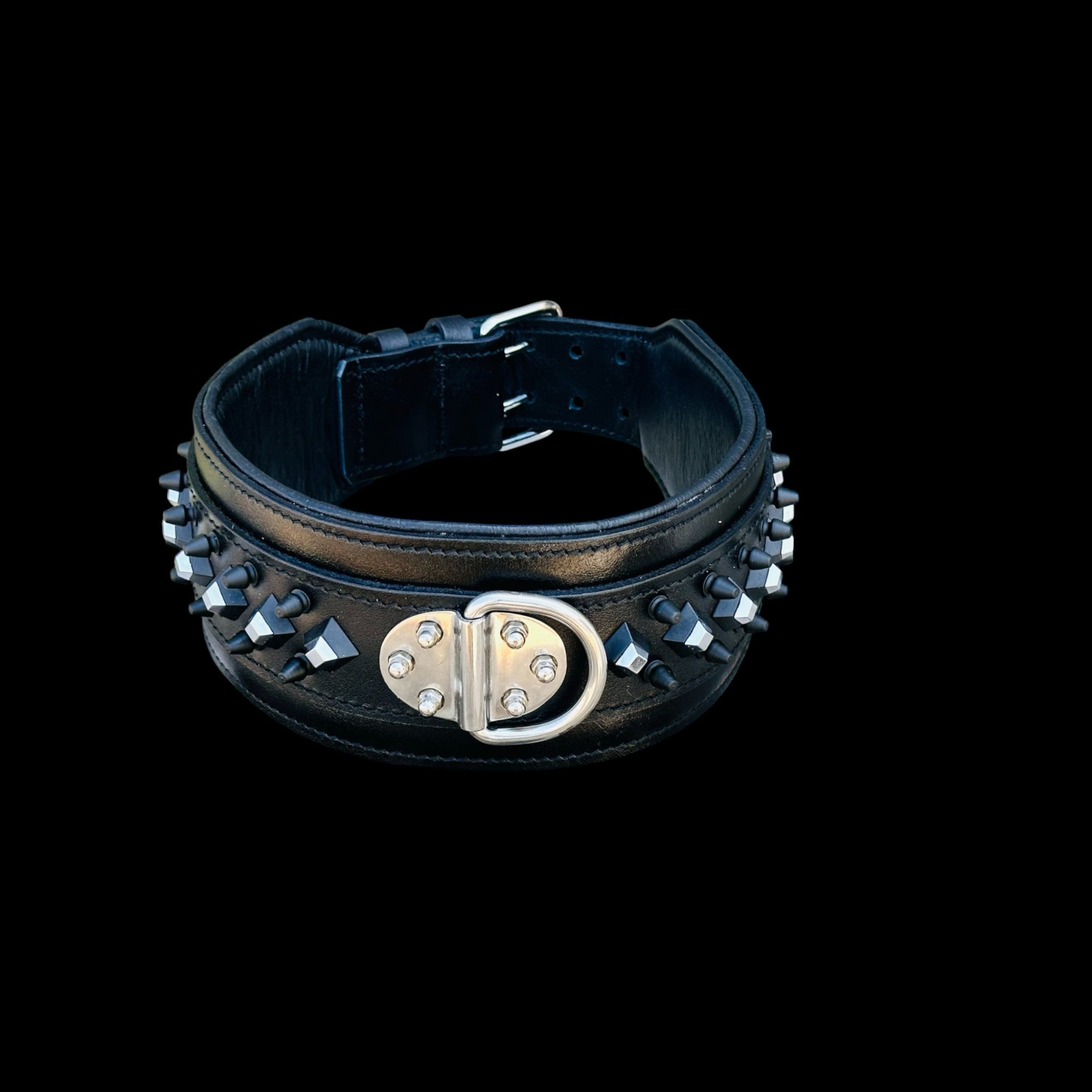 A&C Premium Black Leather Wide Collar — Stud & Crystal Detail | Fits American Bully, Cane Corso, Rottweiler, Kangal, Doberman, Belgian Malinois, K9, German Shepherd