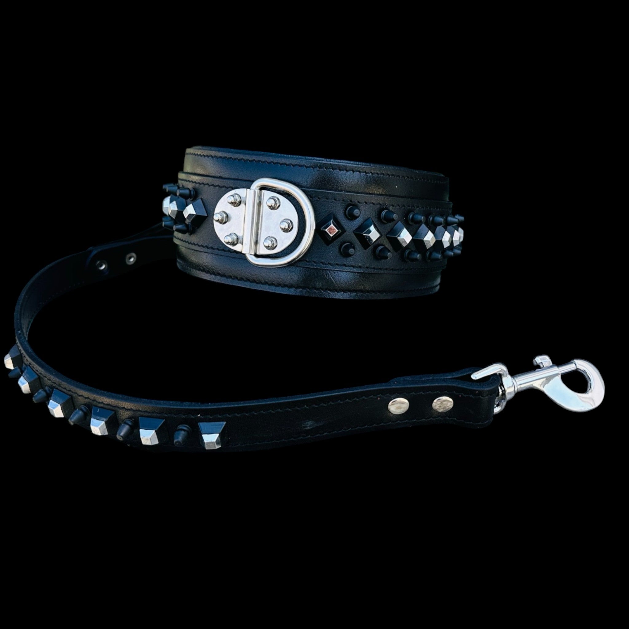 A&C Premium Black Leather Wide Collar — Stud & Crystal Detail | Fits American Bully, Cane Corso, Rottweiler, Kangal, Doberman, Belgian Malinois, K9, German Shepherd