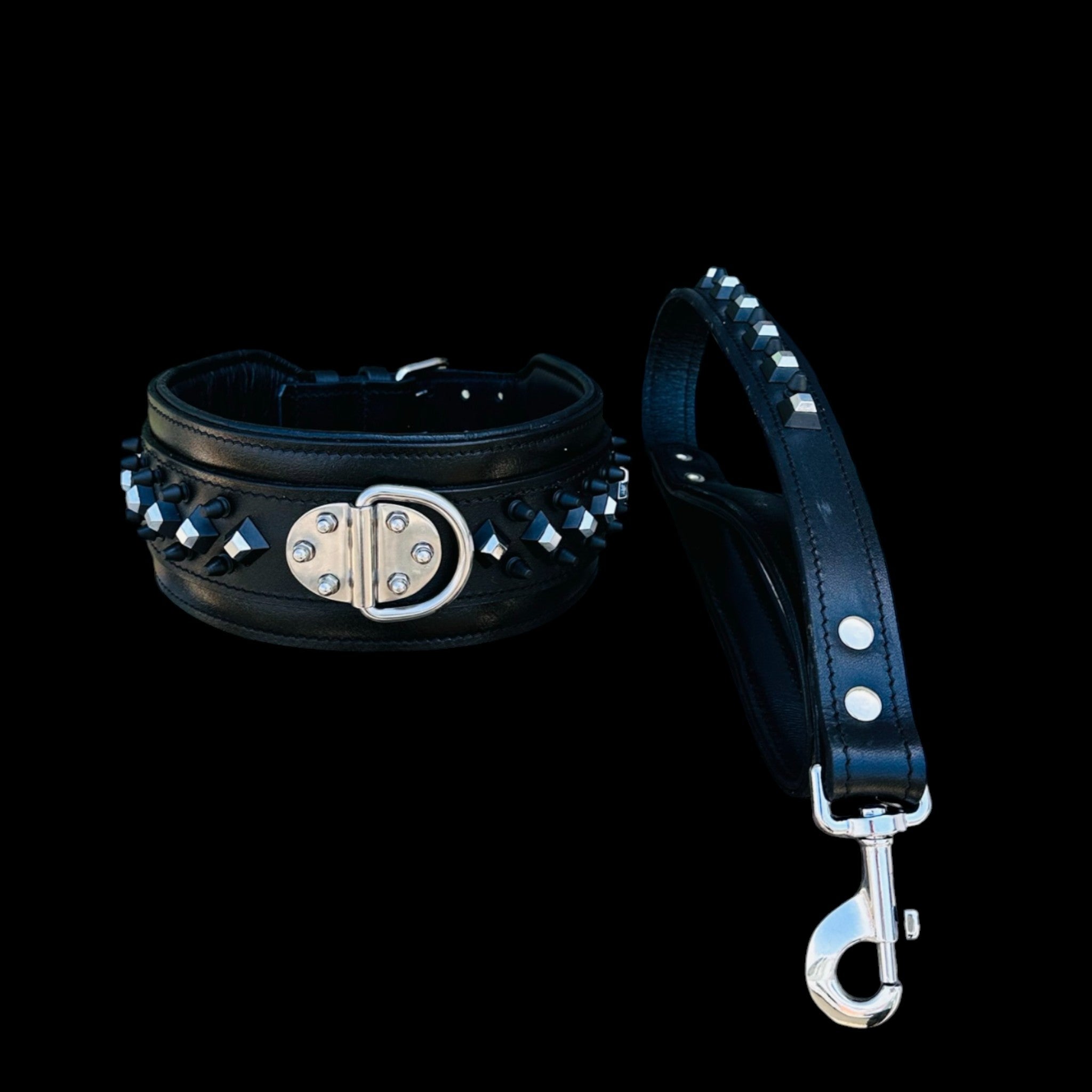 A&C Premium Black Leather Wide Collar — Stud & Crystal Detail | Fits American Bully, Cane Corso, Rottweiler, Kangal, Doberman, Belgian Malinois, K9, German Shepherd