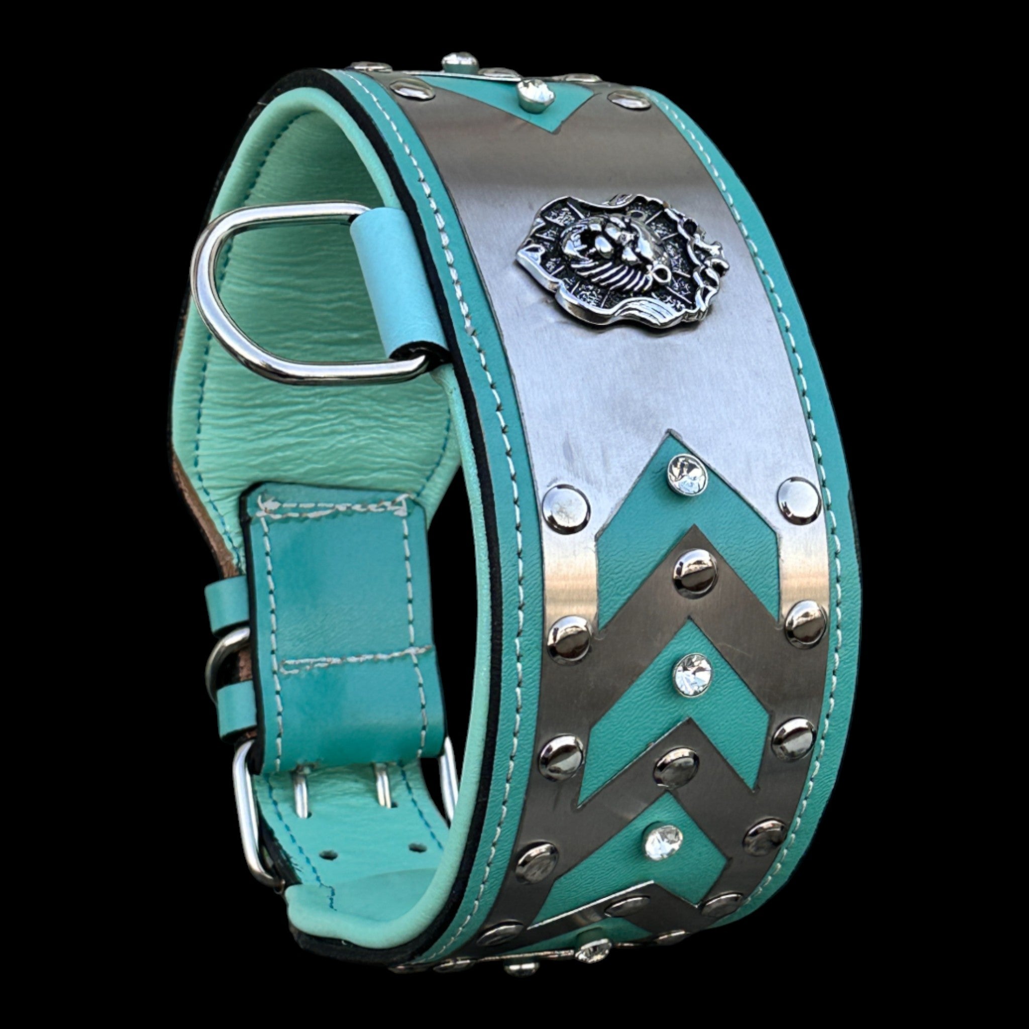 Turquoise steel handmade leather dog collar