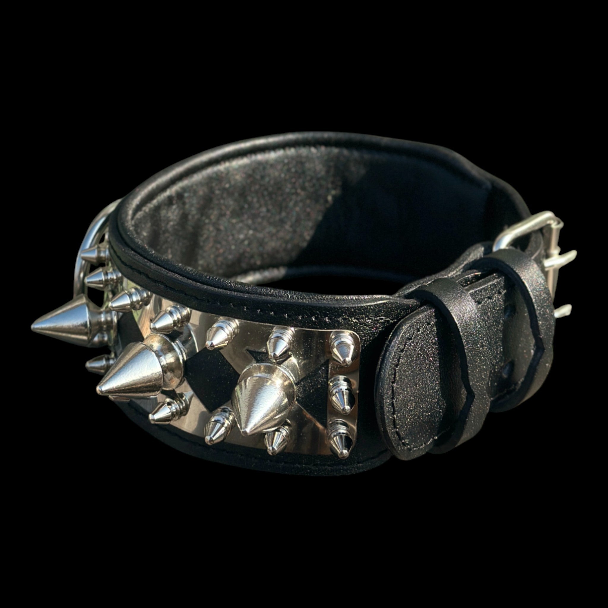 Black leather dog collar with polished metal spikes