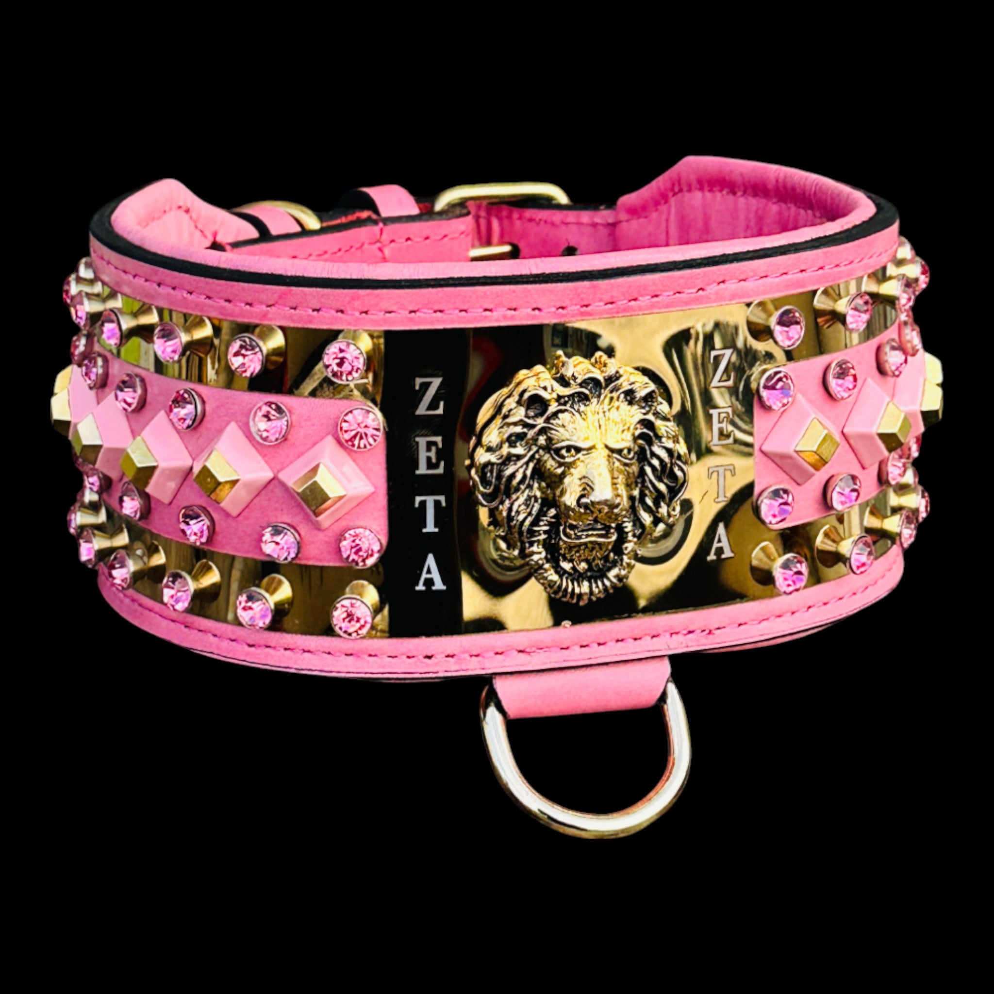 Handmade pink leather collar with gold lion emblem