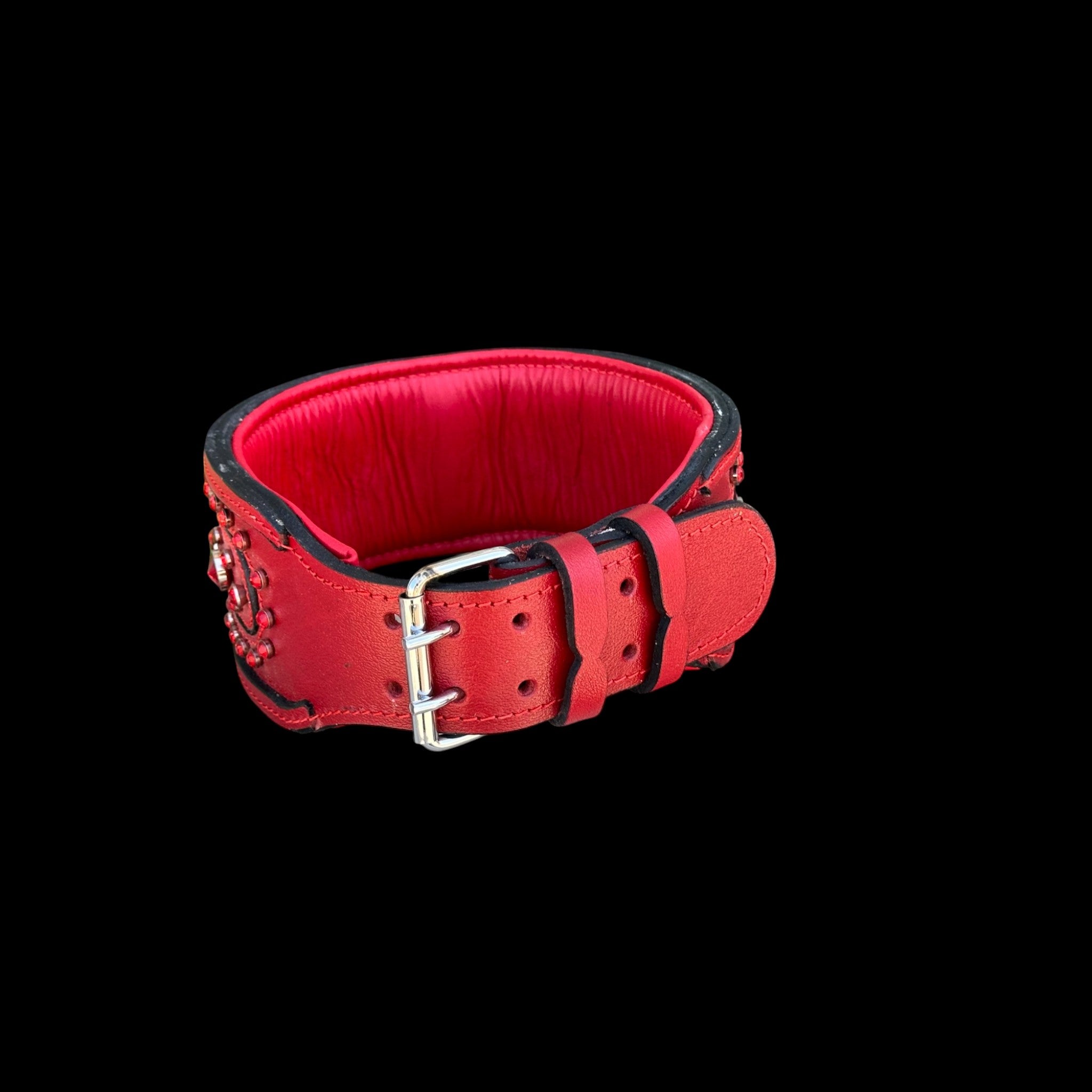 Handcrafted Red Leather Dog Collar – Wide & Thick Crystal Studded