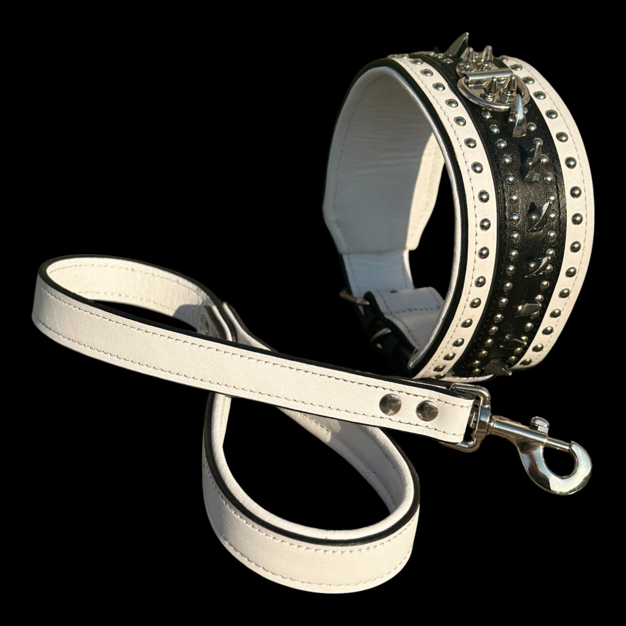 Handmade white and black leather dog collar with matching leash