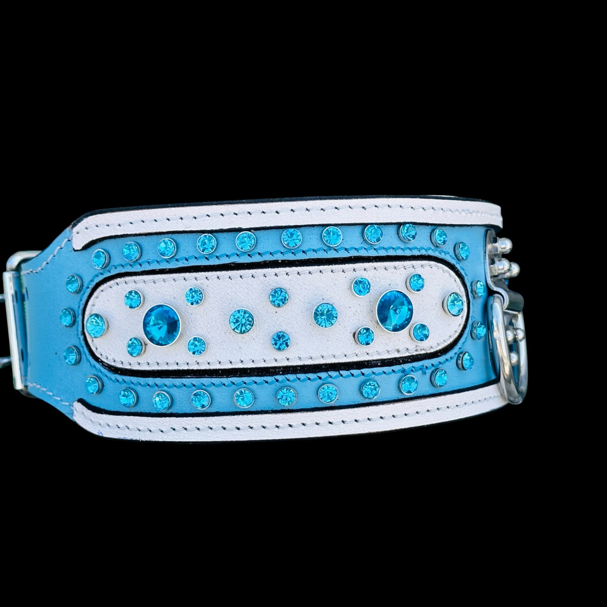 Handcrafted Turquoise Crystal Dog Collar – Wide & Thick Leather Design with Steel D-Ring for Cane Corso, Rottweiler, Doberman, Kangal, American Bully