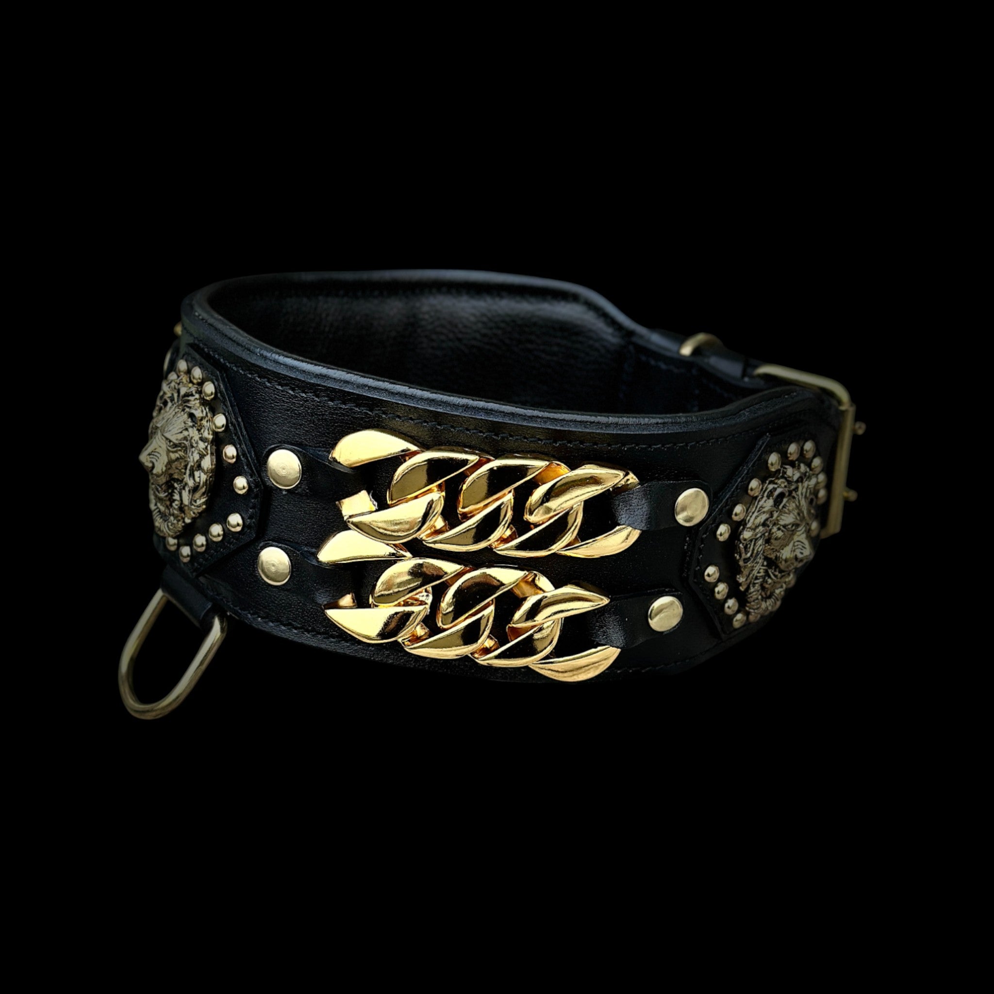 Handcrafted Black Leather Dog Collar – Lion Head Design with Gold Chains, Wide Strong Collar for Cane Corso, Rottweiler, Doberman, Kangal, American Bully