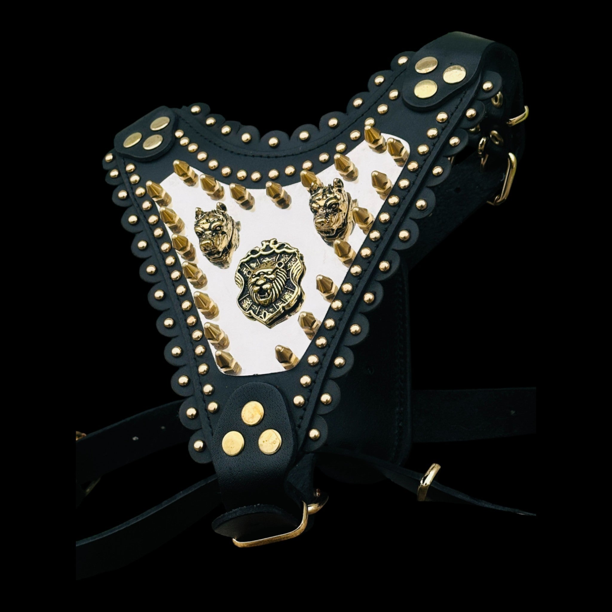 Luxury Handmade Dog Harness with Bully Head & Lion Logo – Black Leather, Gold Spikes, Heavy Duty for Large Breeds