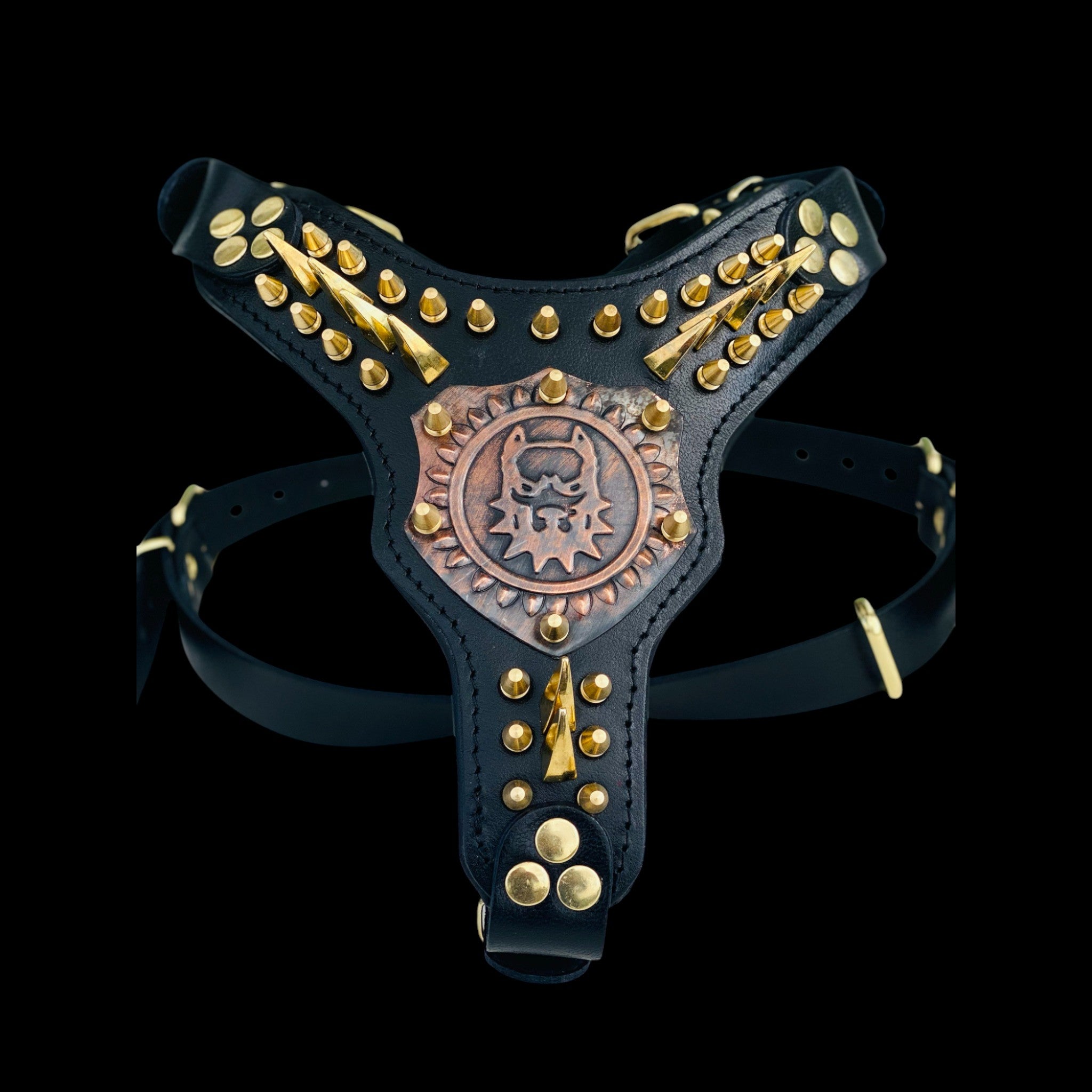 Handmade spiked chest harness with copper emblem for American Bully