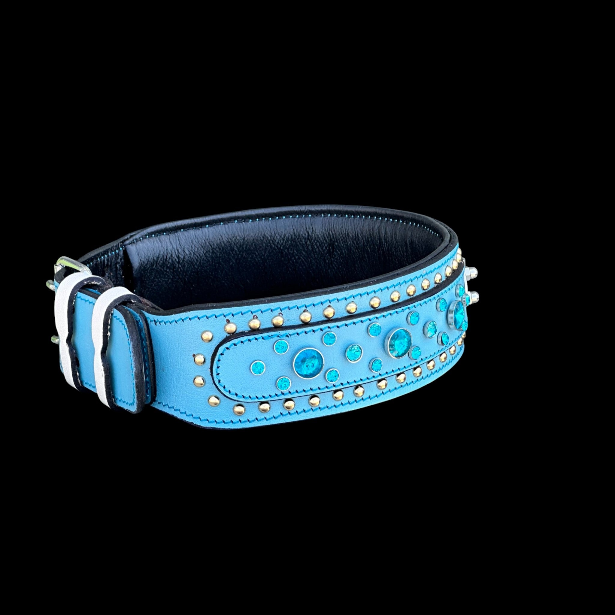 Handmade  Blue Leather Dog Collar – Crystal Studded