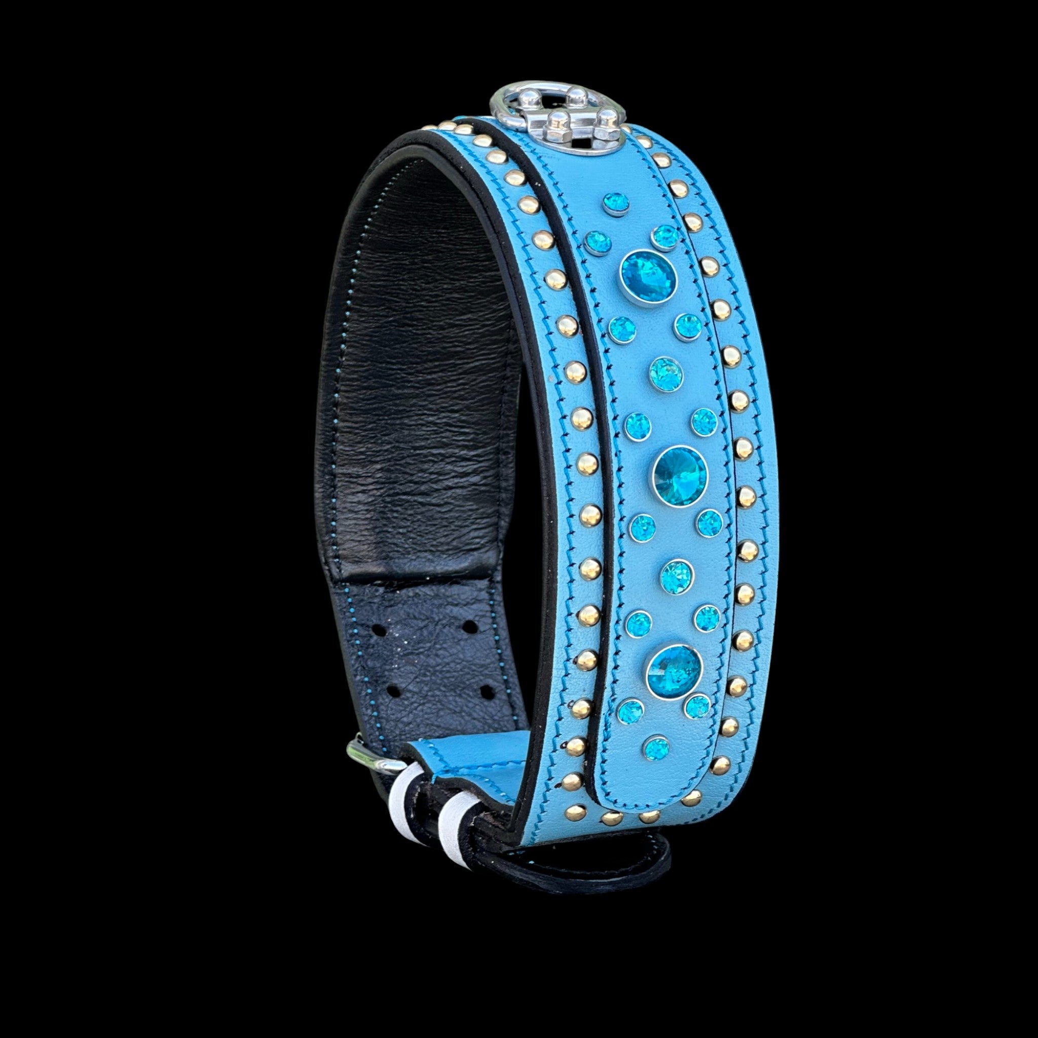 Handmade  Blue Leather Dog Collar – Crystal Studded