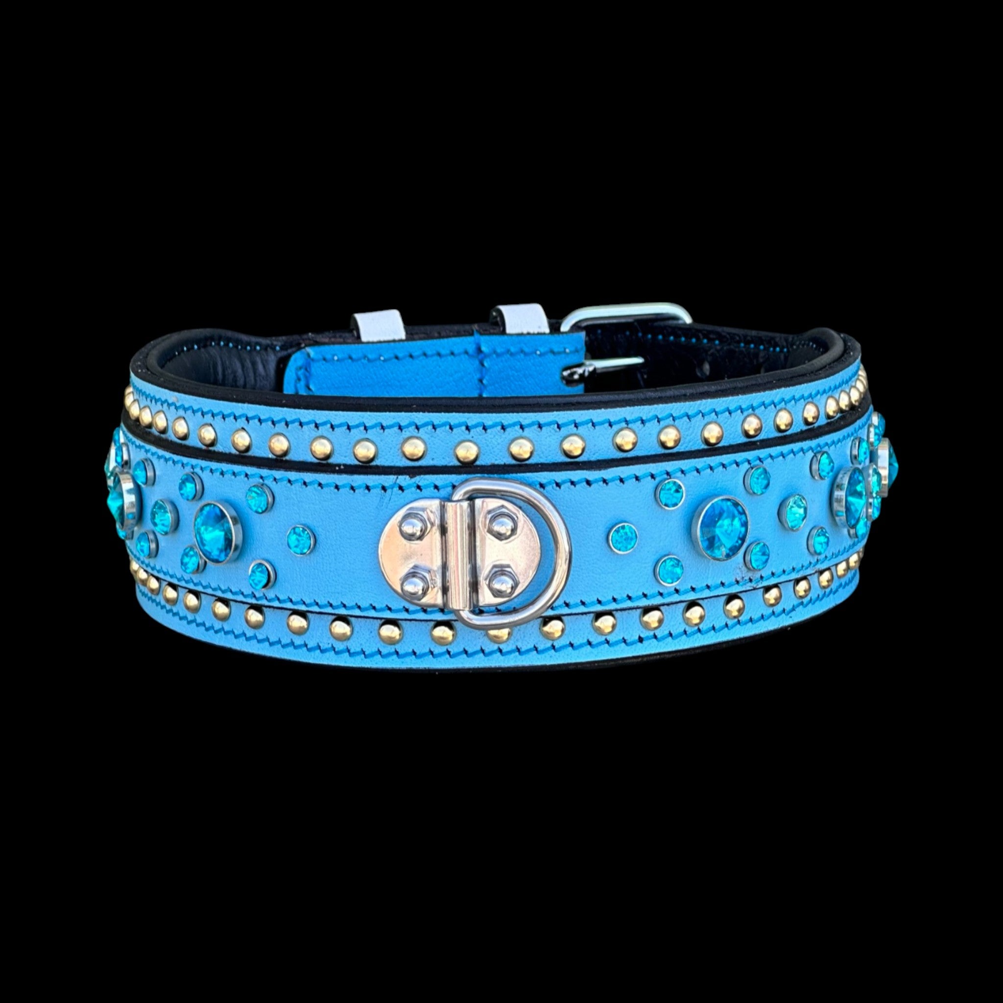 Handmade  Blue Leather Dog Collar – Crystal Studded