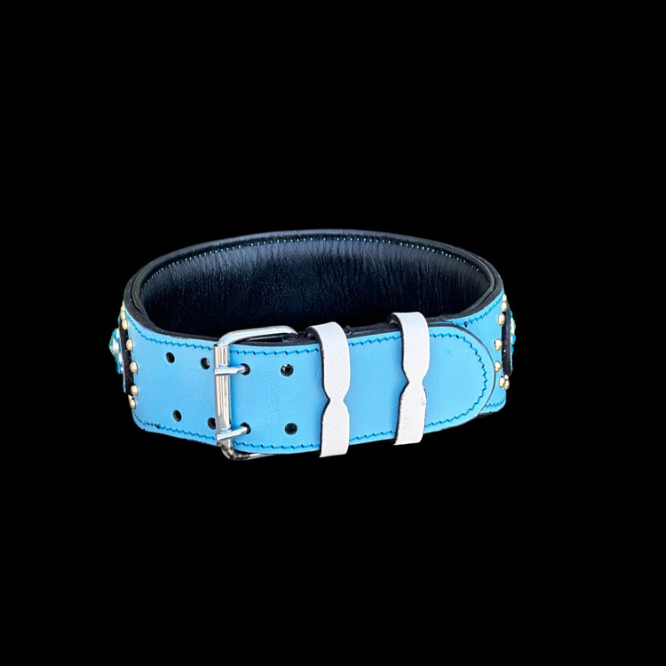 Handmade Blue Leather Dog Collar – Crystal Studded - A&C Dog Collars