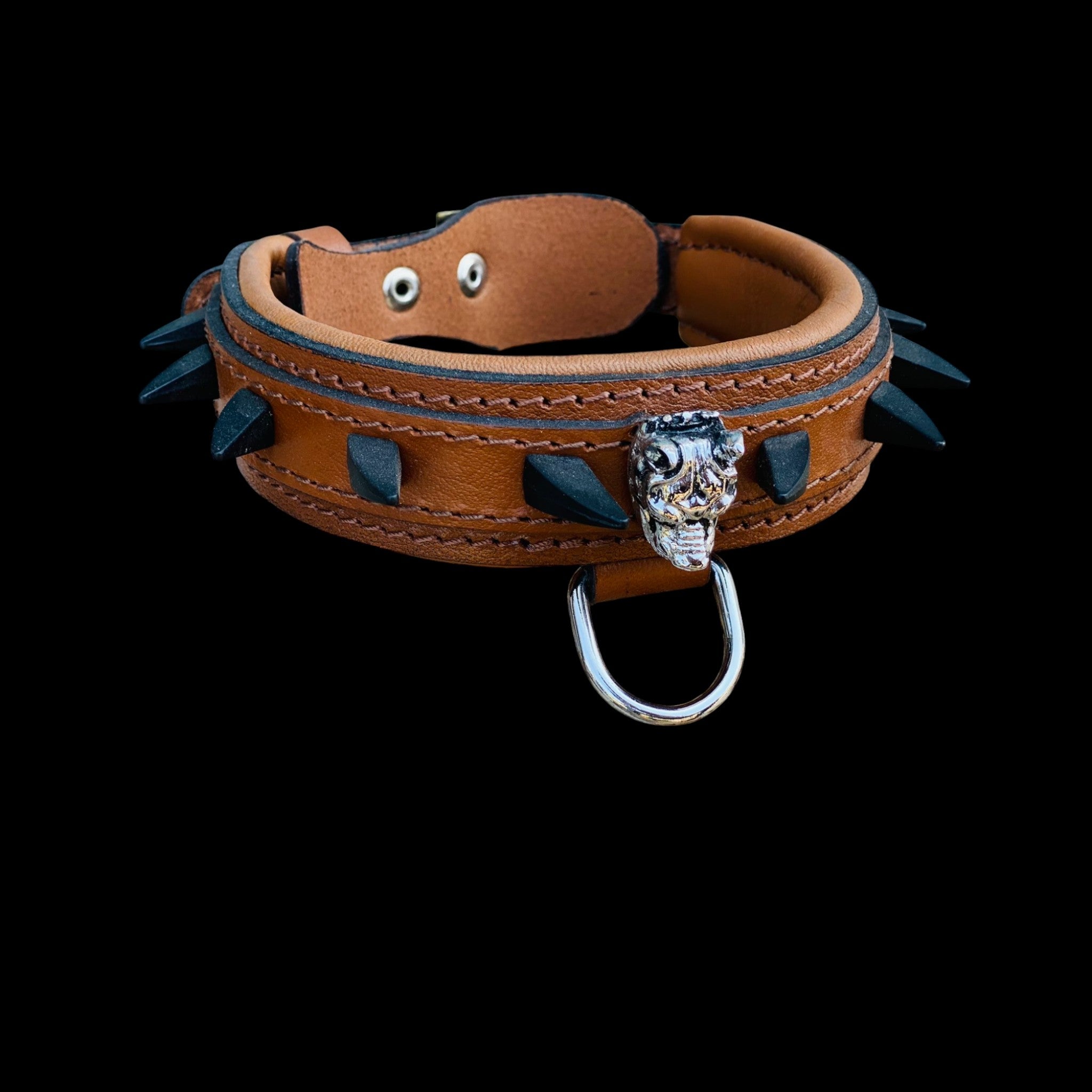 Brown leather dog collar with Bully head emblem, black spikes, and durable design for Cane Corso, Rottweiler, Kangal, Doberman, Malinois and German Shepherds