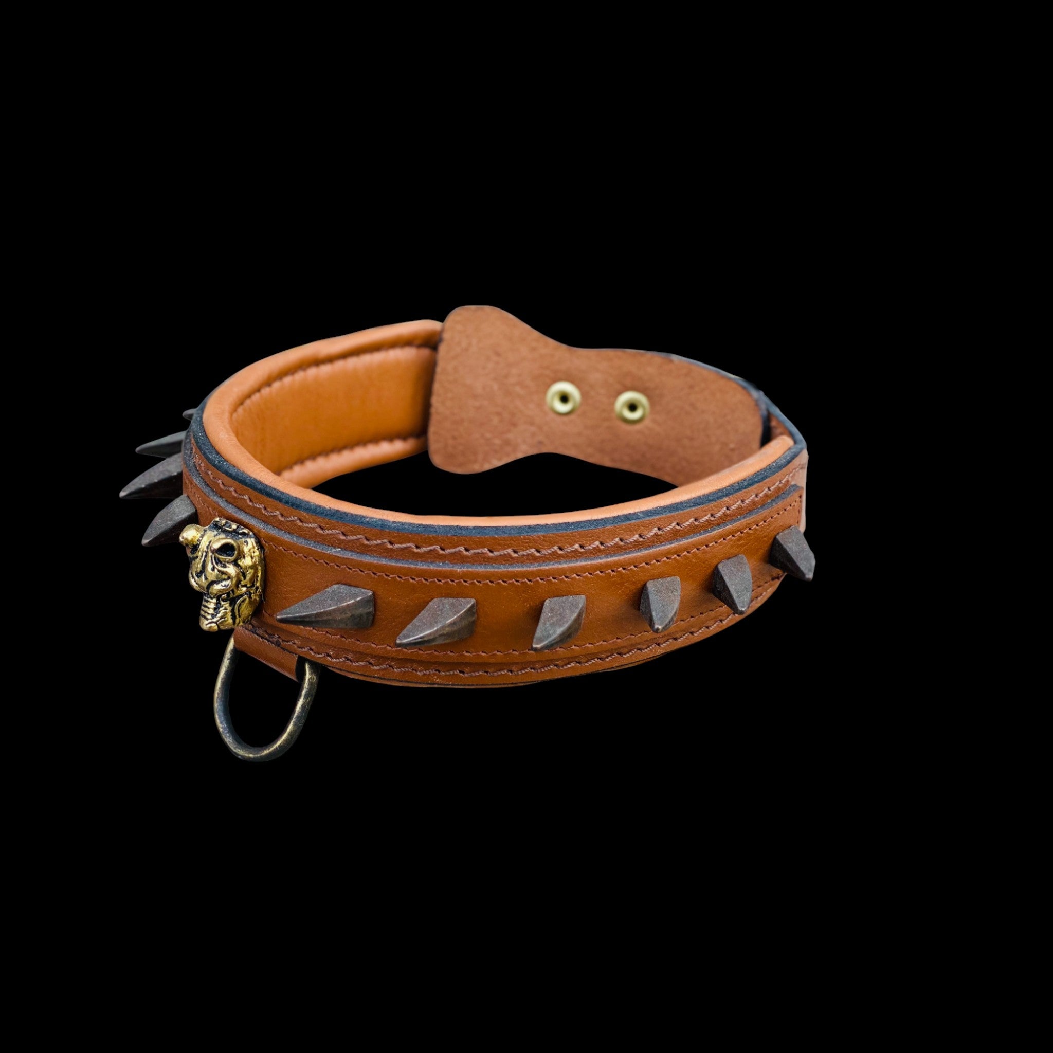 Handmade 1.57 inch (4 cm) brown spiked dog collar with Bully head logo and ivory spikes, designed for Cane Corso, Kangal, Doberman, Malinois and large breeds