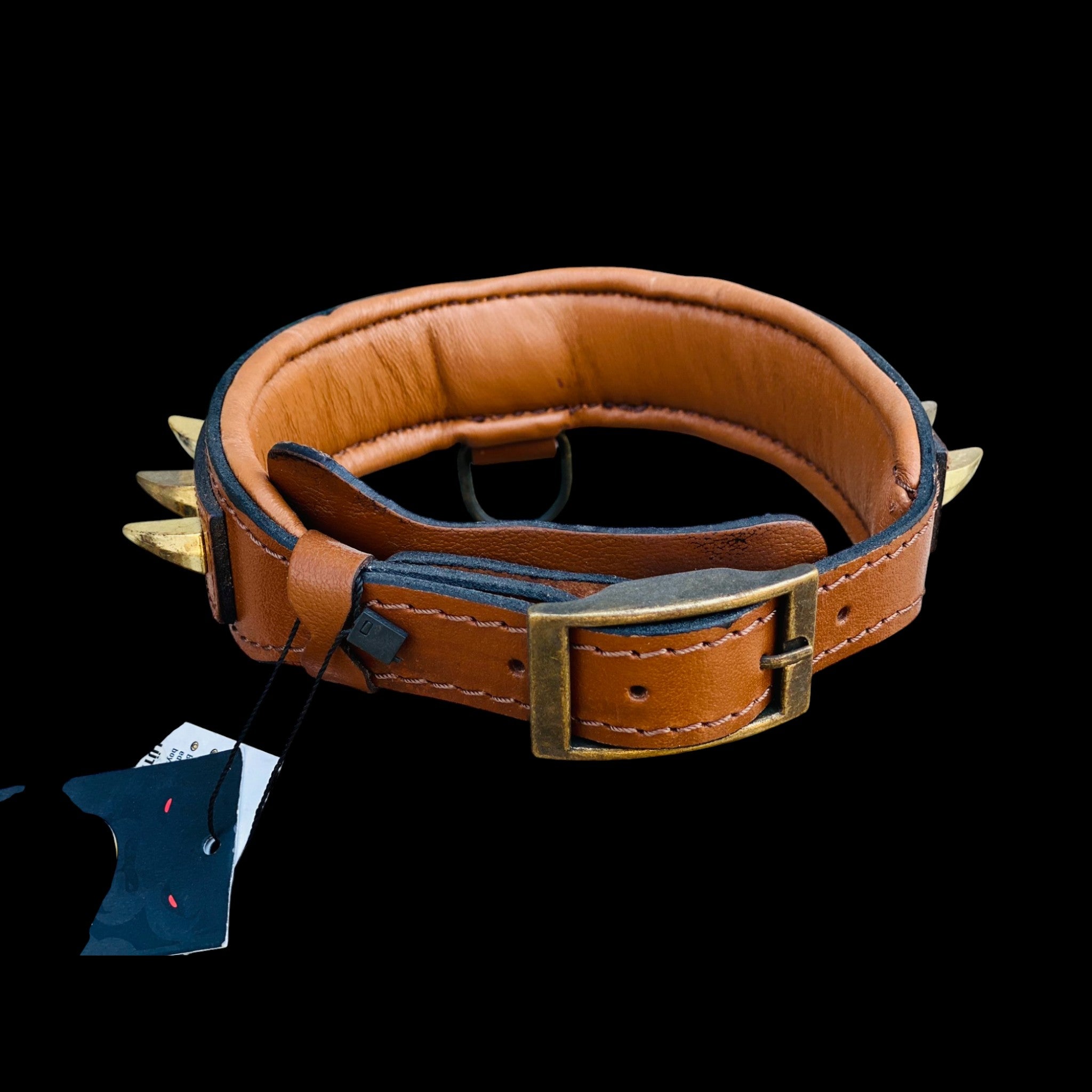 Top view of brown leather dog collar featuring Native American logo and gold ivory spikes