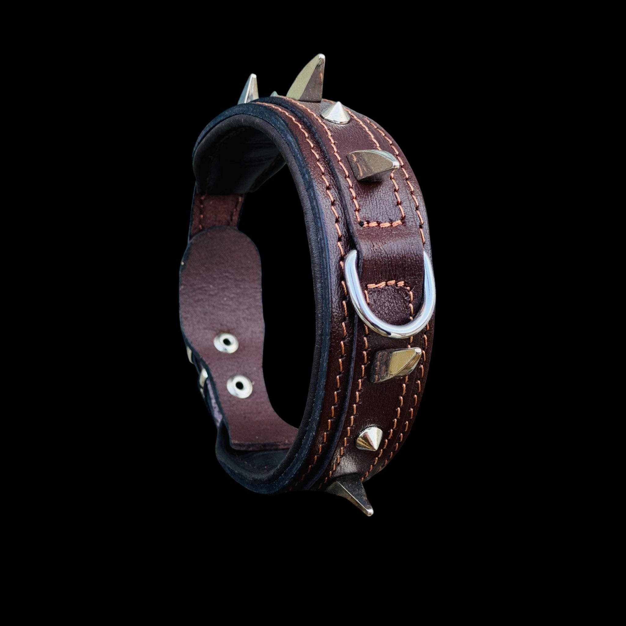 Handmade 4 cm (1.57 inch) brown leather dog collar with heavy duty spikes and steel D-ring – front view for large strong breeds.