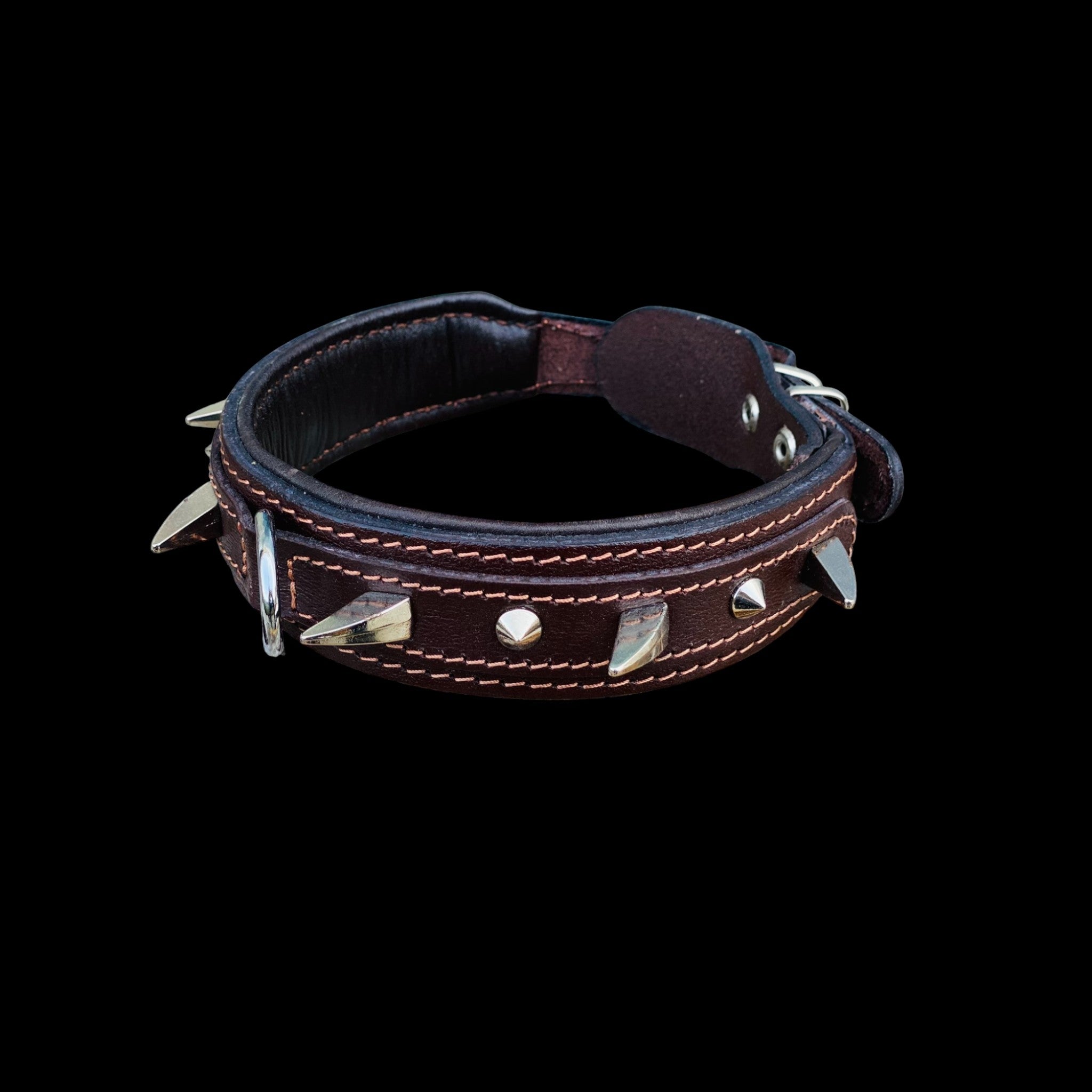 Handmade 1.57 inch (4 cm) brown leather spiked dog collar with strong steel D-ring, designed for Cane Corso, Kangal, Doberman, Malinois and large breed