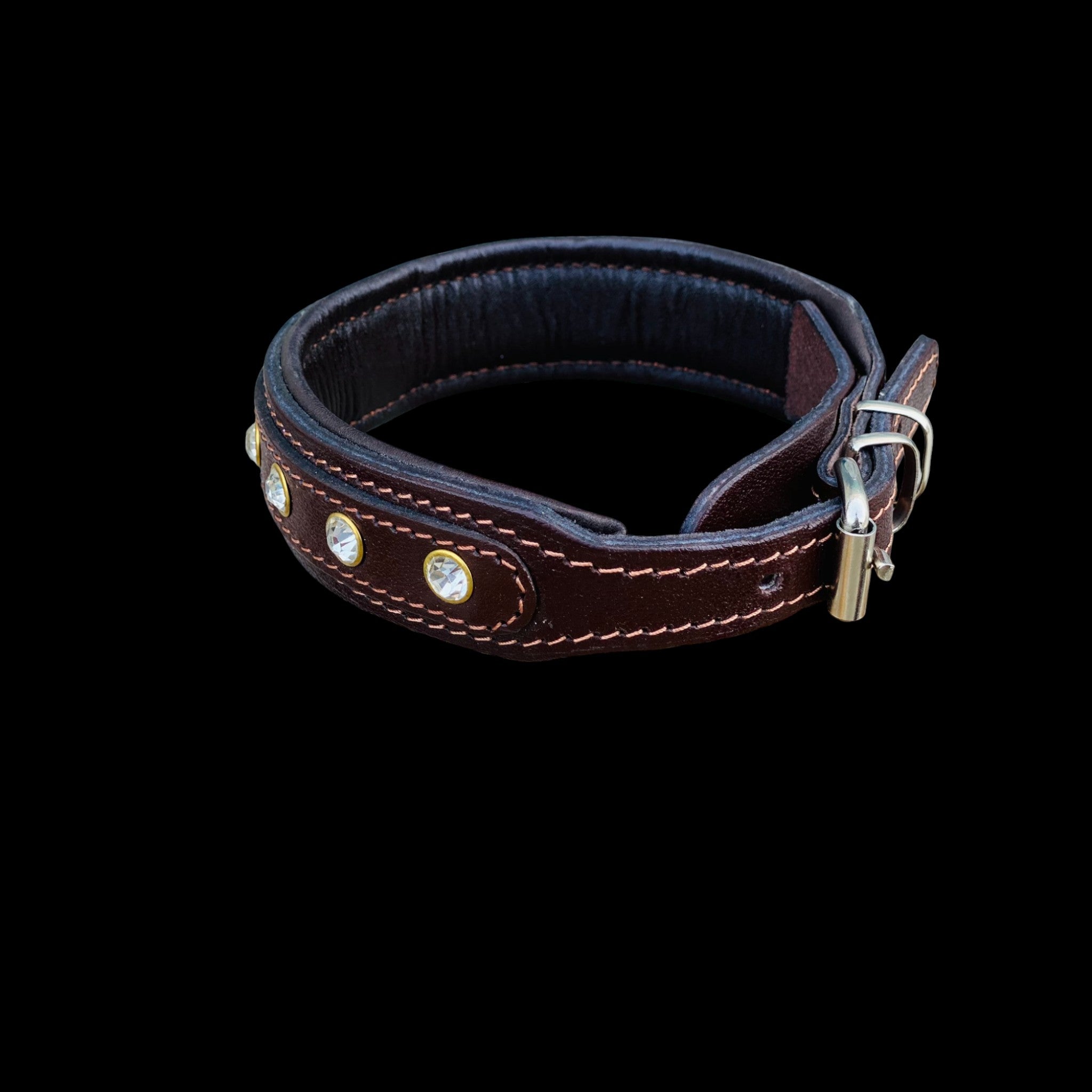Back view of handmade brown dog collar decorated with crystal stones and secure buckle design.