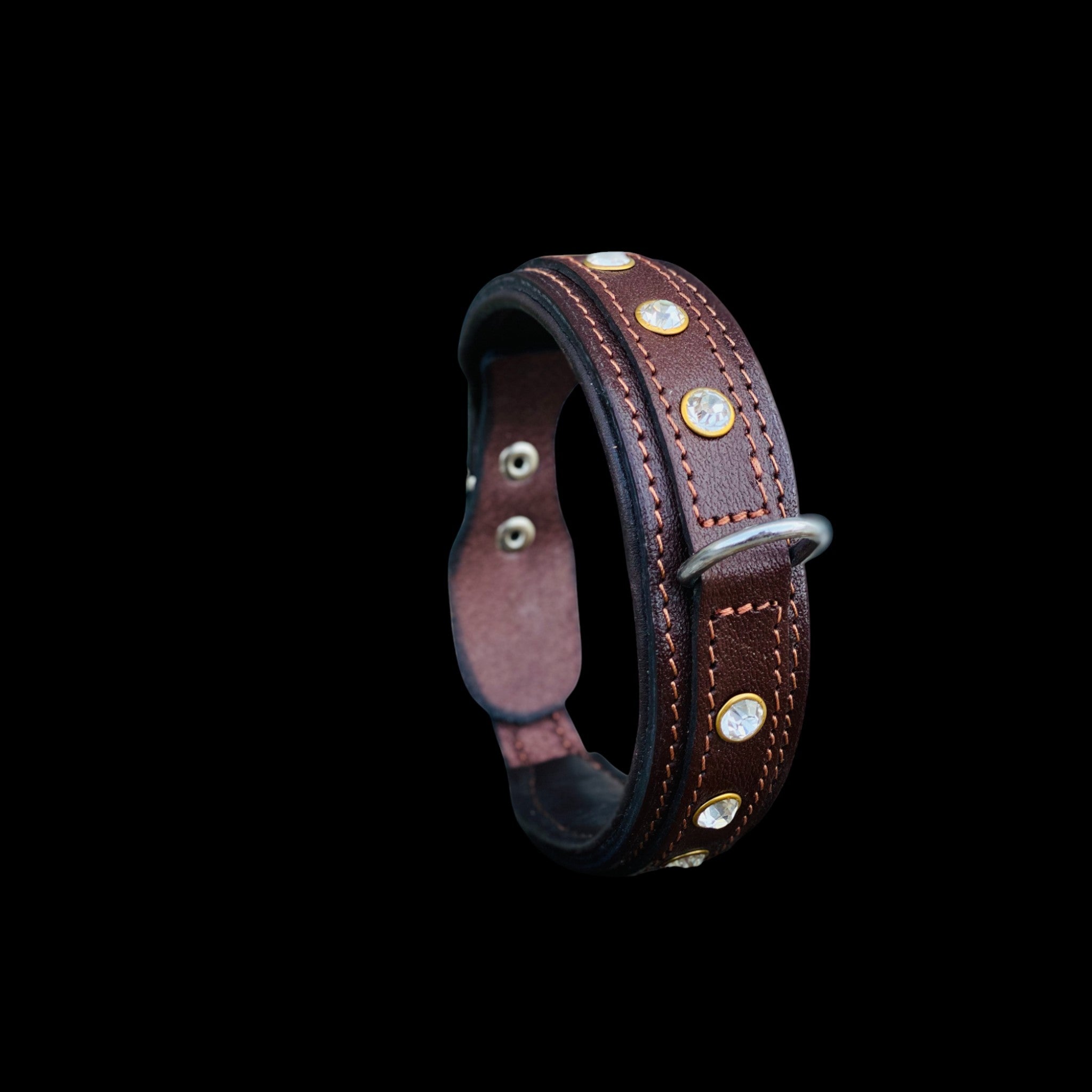 Front view of handmade brown leather dog collar with crystal stones and steel D-ring for large breeds.