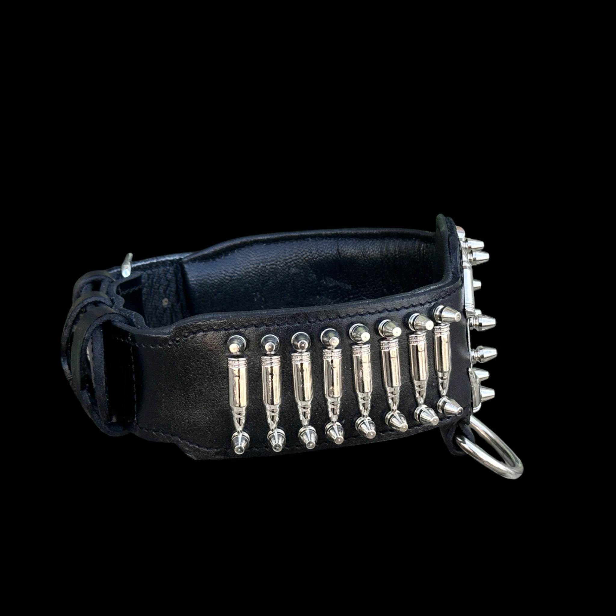 BulletBully™ Alpha Armor – Black Buffalo Leather Dog Collar with Bullet Studs & Bully Emblem