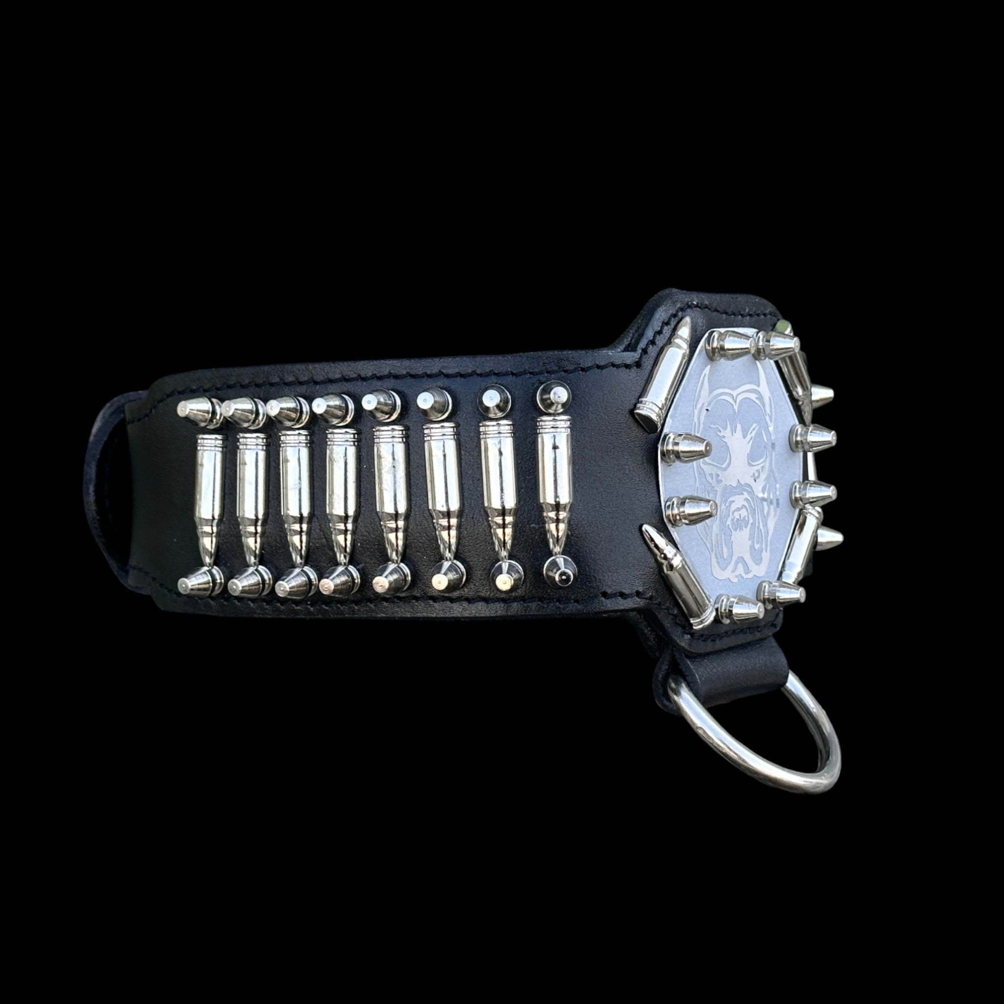 BulletBully™ Alpha Armor – Black Buffalo Leather Dog Collar with Bullet Studs & Bully Emblem