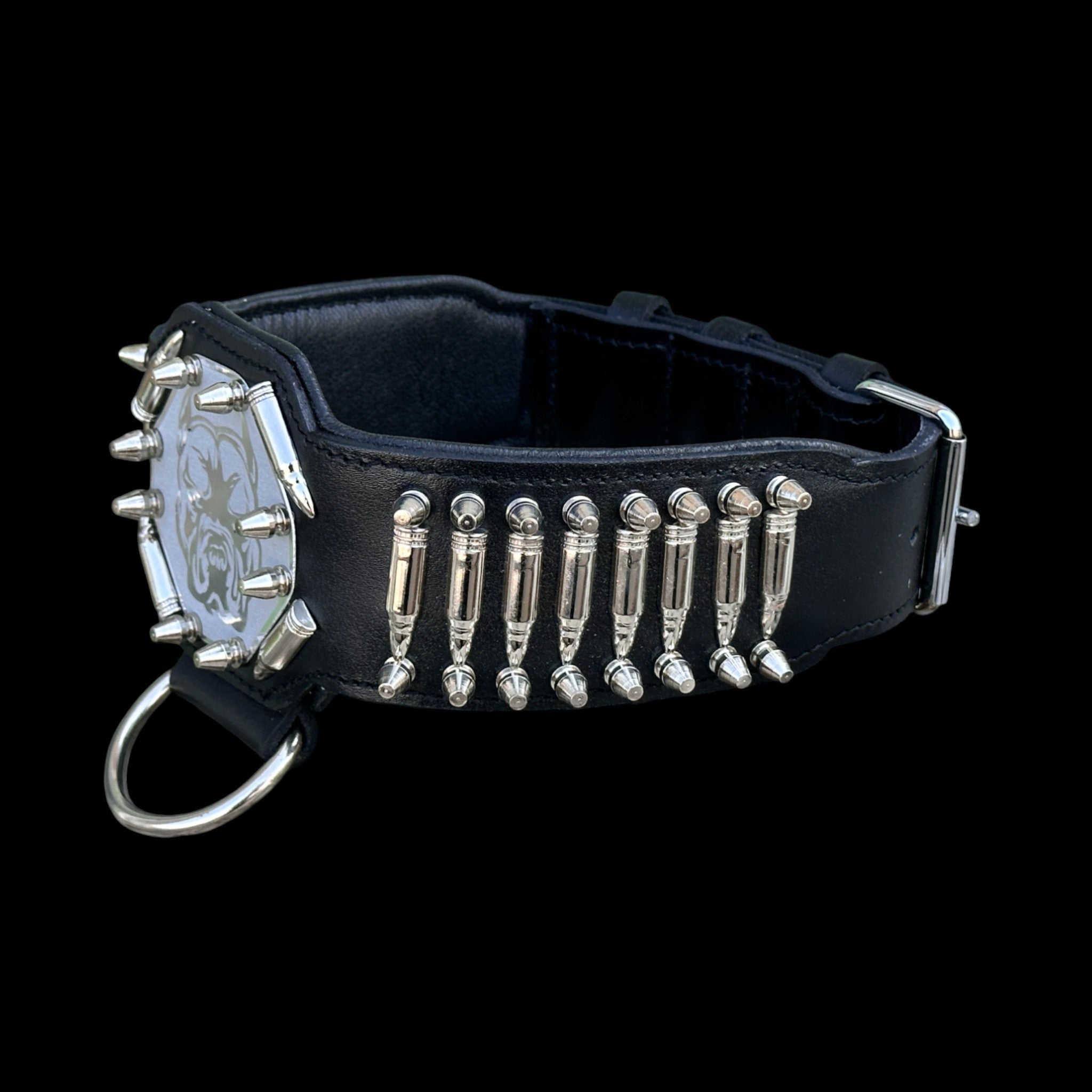 BulletBully™ Alpha Armor – Black Buffalo Leather Dog Collar with Bullet Studs & Bully Emblem