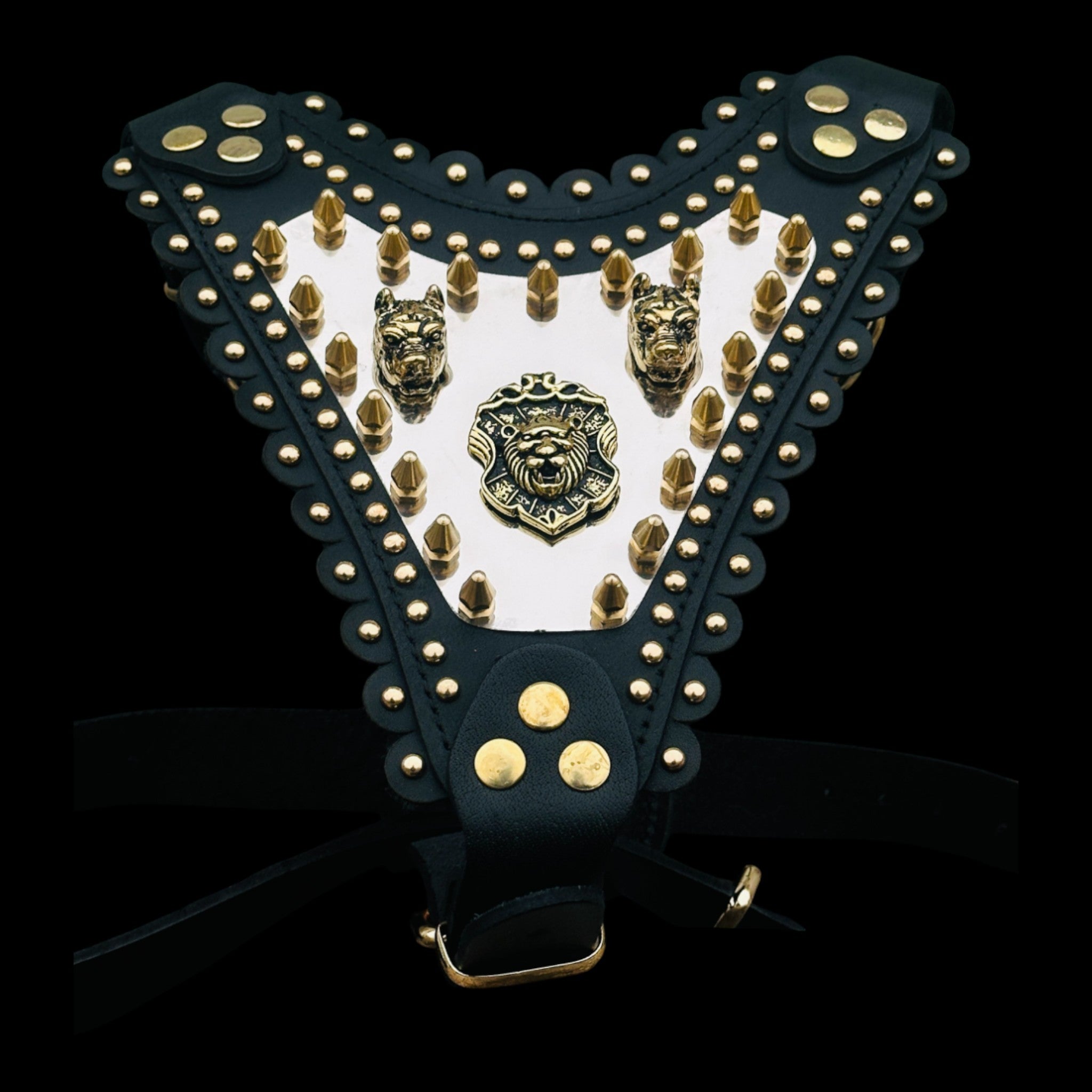 Luxury Handmade Dog Harness with Bully Head & Lion Logo – Black Leather, Gold Spikes, Heavy Duty for Large Breeds