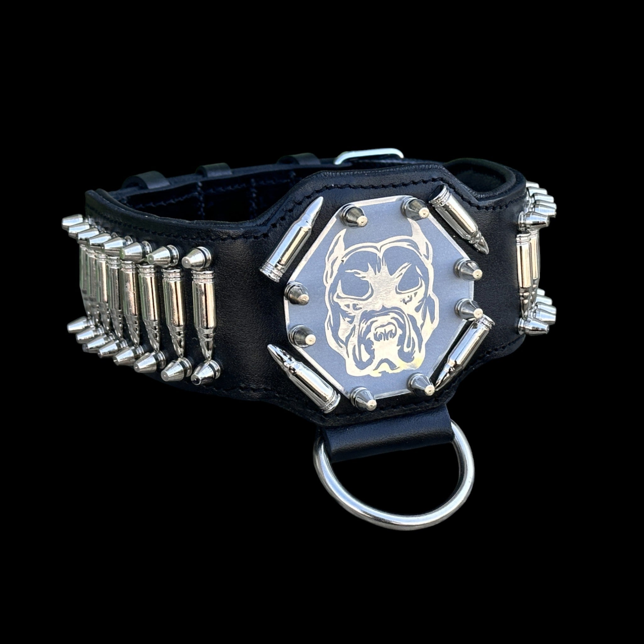 BulletBully™ Alpha Armor – Black Buffalo Leather Dog Collar with Bullet Studs & Bully Emblem