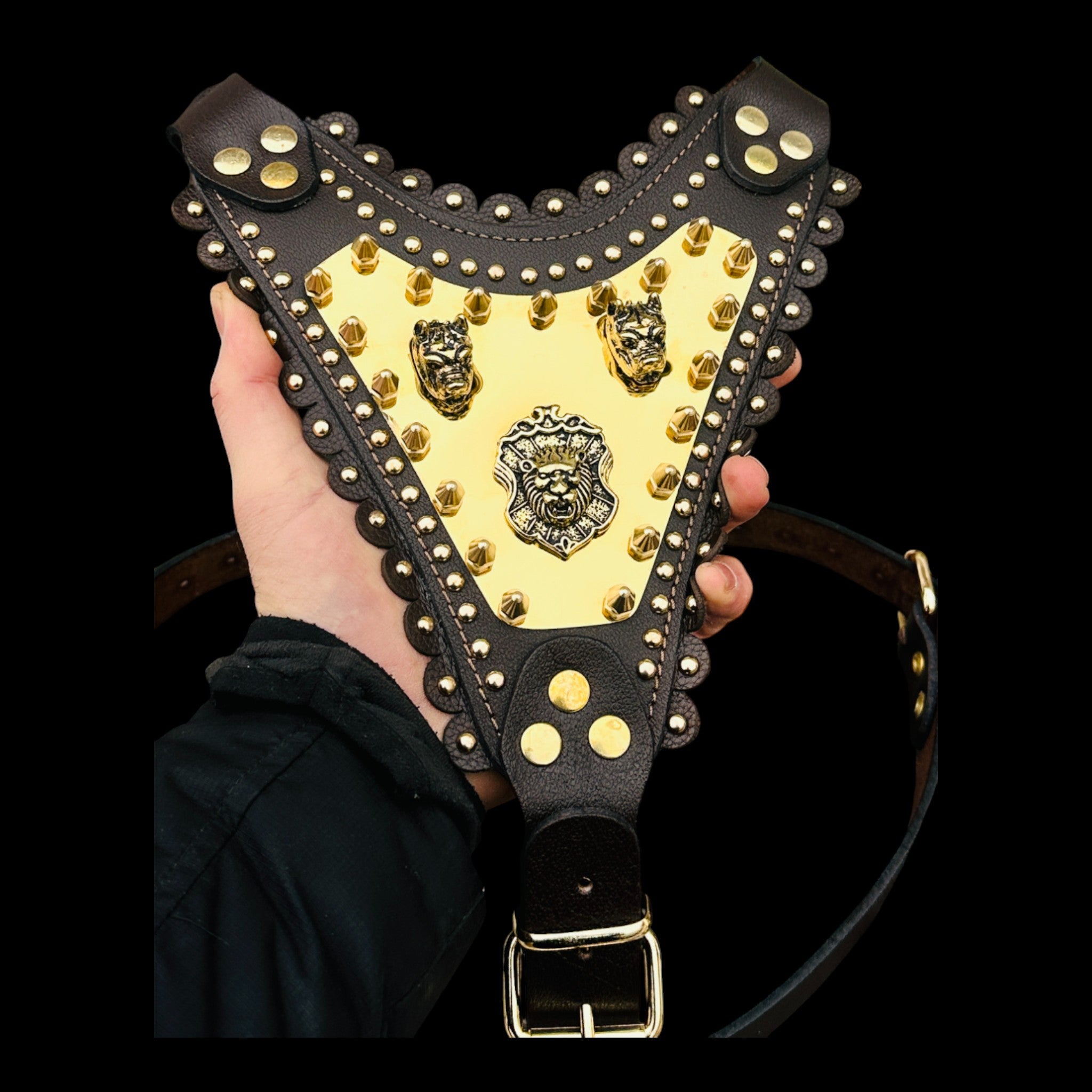Handmade dog chest harness with gold steel plate and lion logo