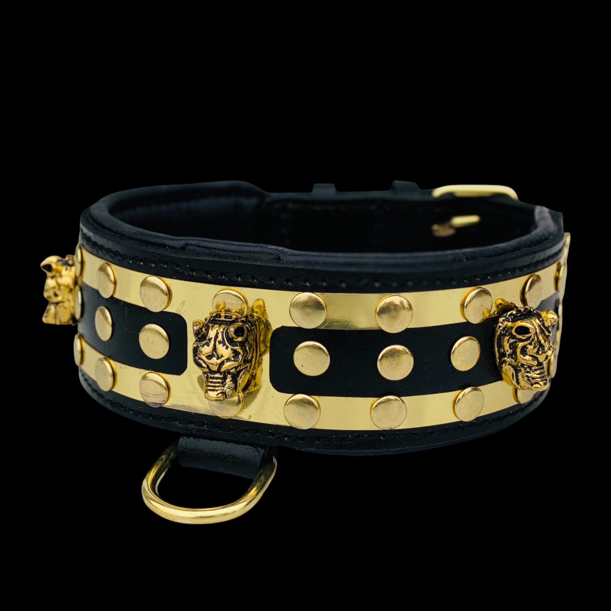 2.36 inch handmade buffalo leather dog collar with gold plates and Bully Head design – luxury collar for strong breeds like Cane Corso and Rottweiler.
