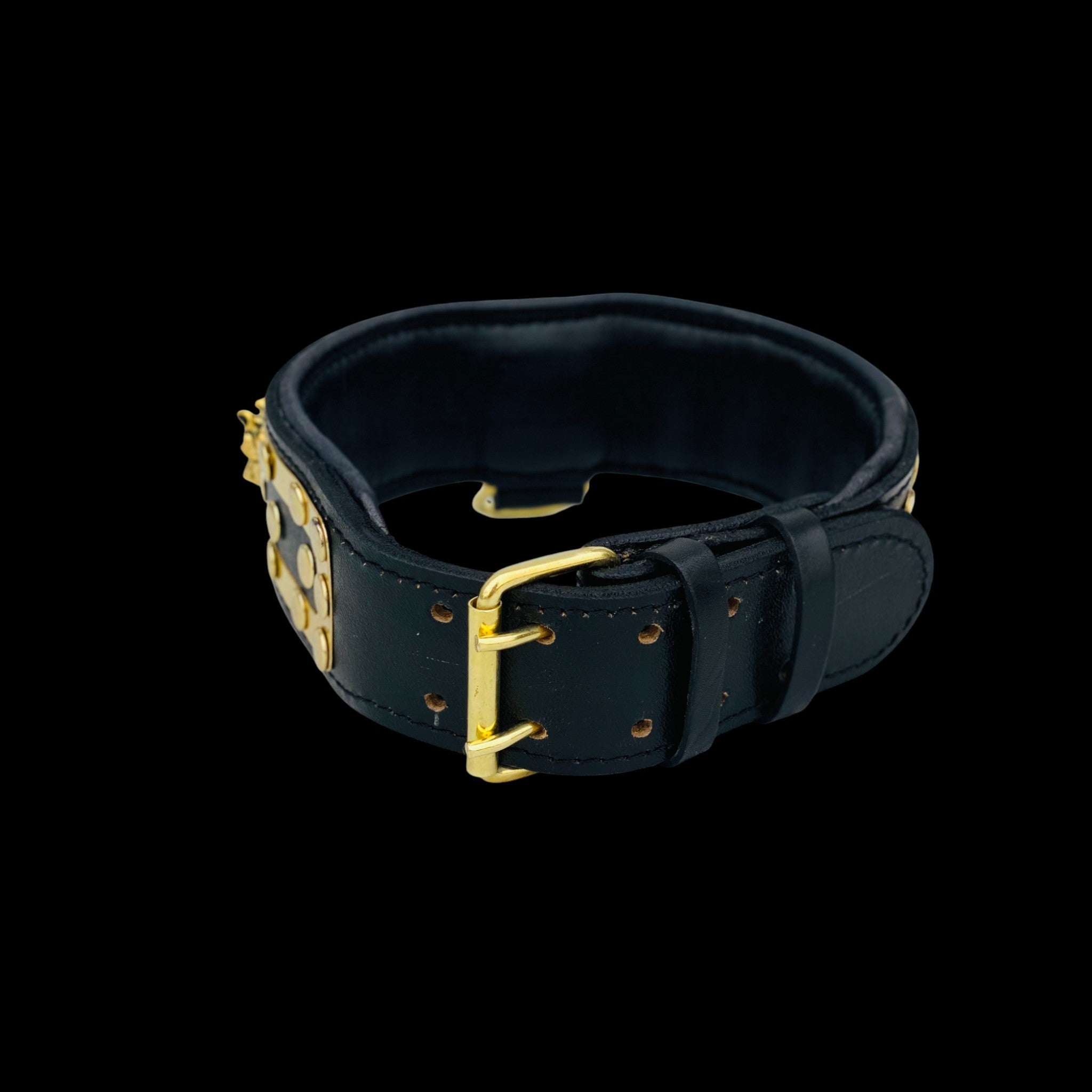 Luxury handcrafted dog collar made from buffalo leather with gold details and padded lining for comfort