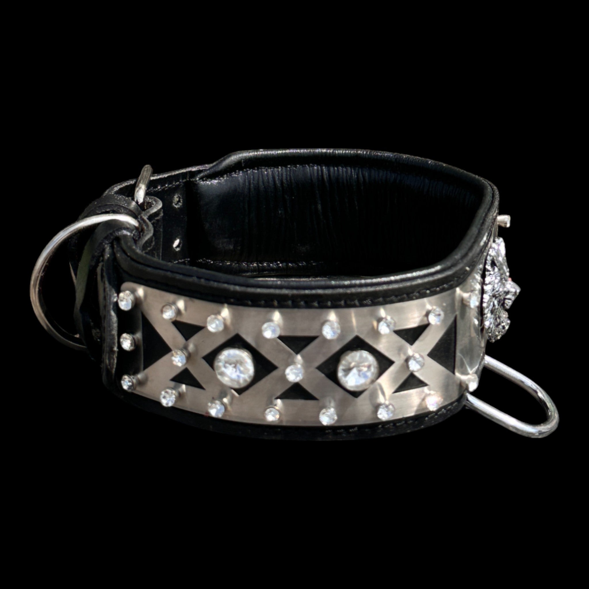 Handmade black leather dog collar with stainless-steel plate and crystals