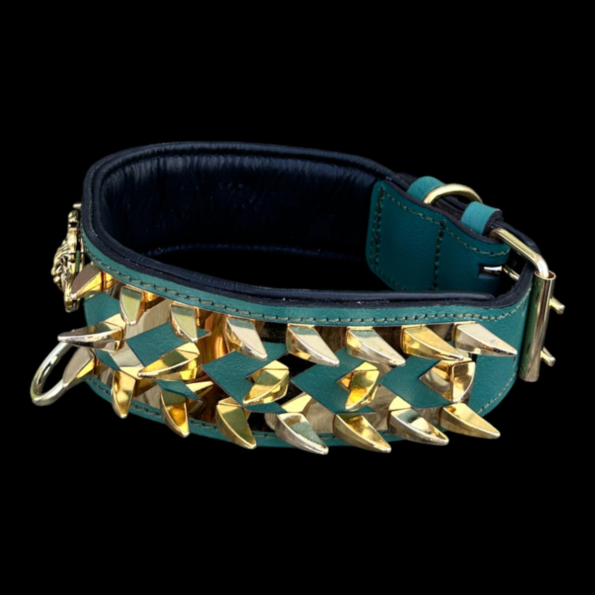 EMERALD ROAR handmade green leather and gold stainless collar