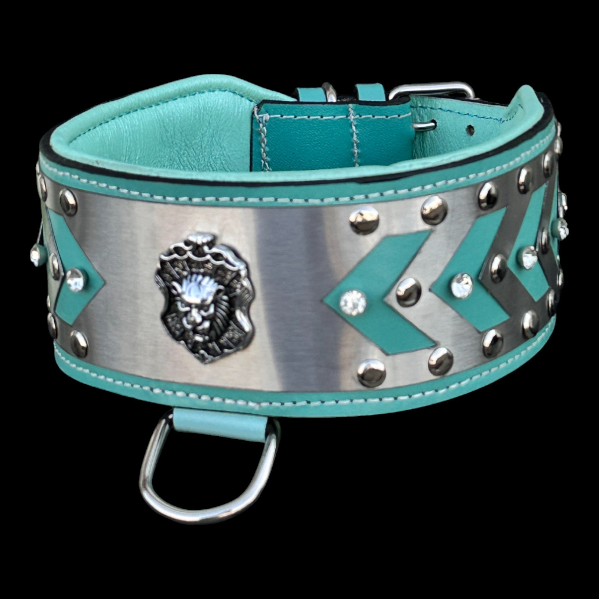 Luxury turquoise dog collar with lion emblem